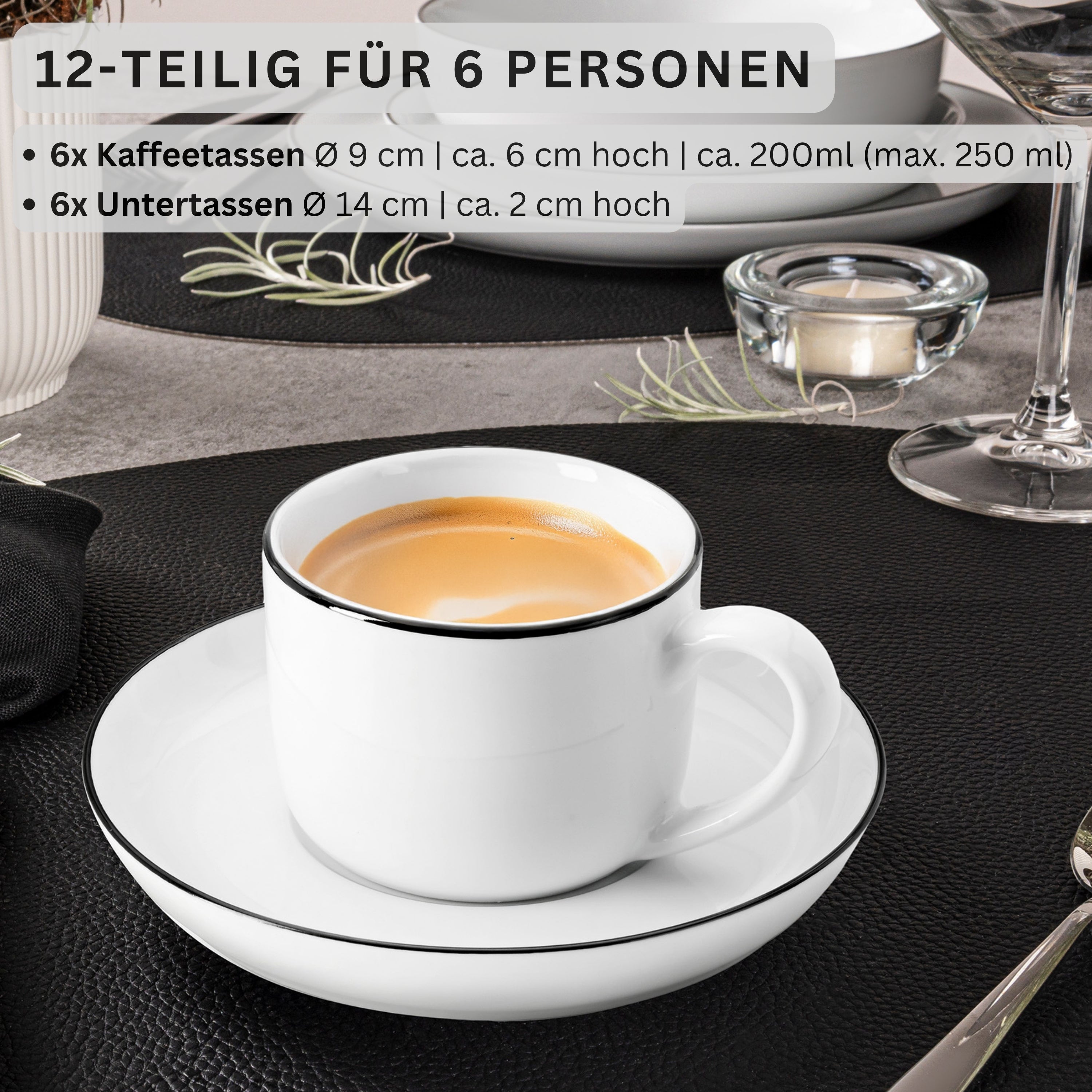 SÄNGER Porzellan Kaffeetassen Set Marlo Black Rim 12-teilig für 6 Personen