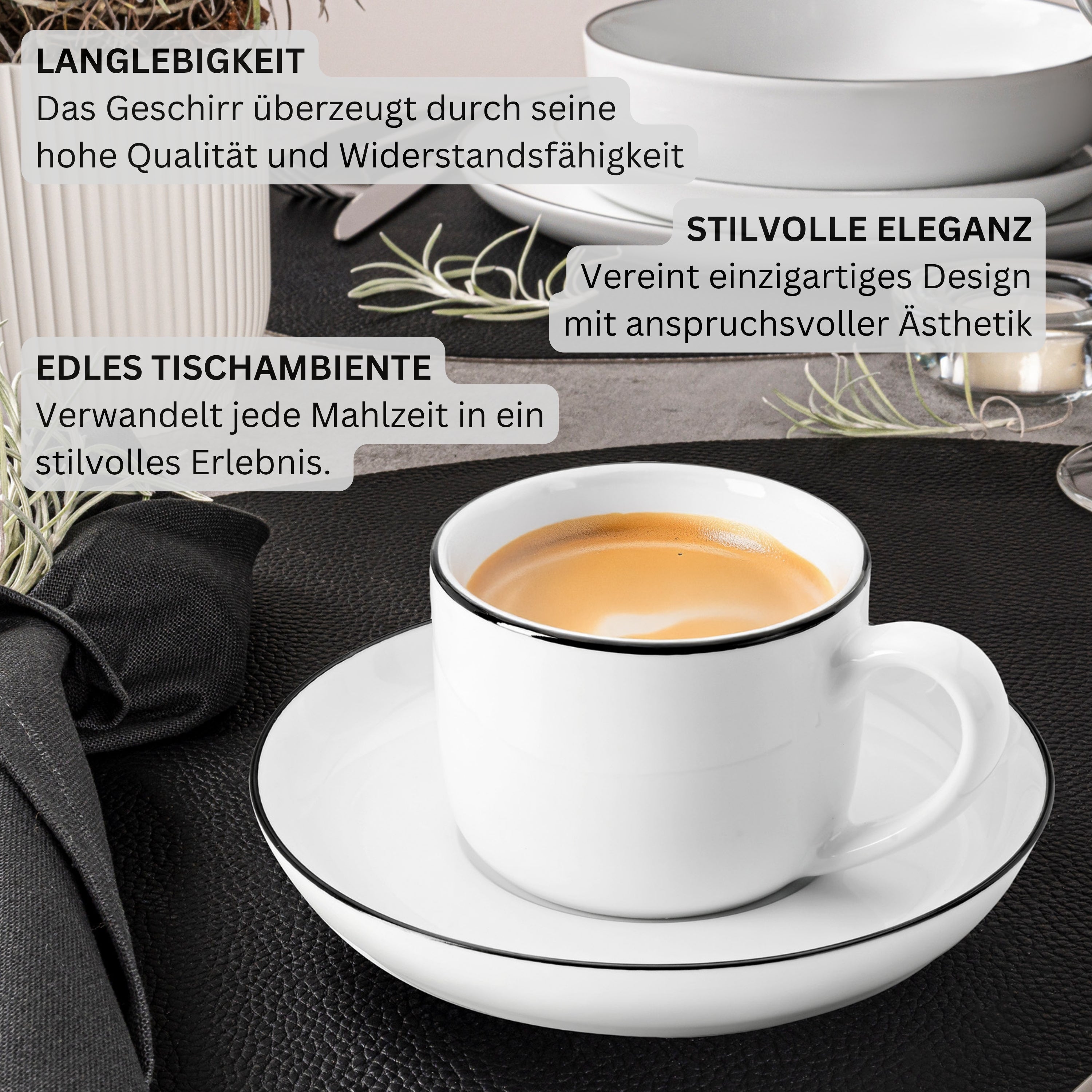 SÄNGER Porzellan Kaffeetassen Set Marlo Black Rim 12-teilig für 6 Personen