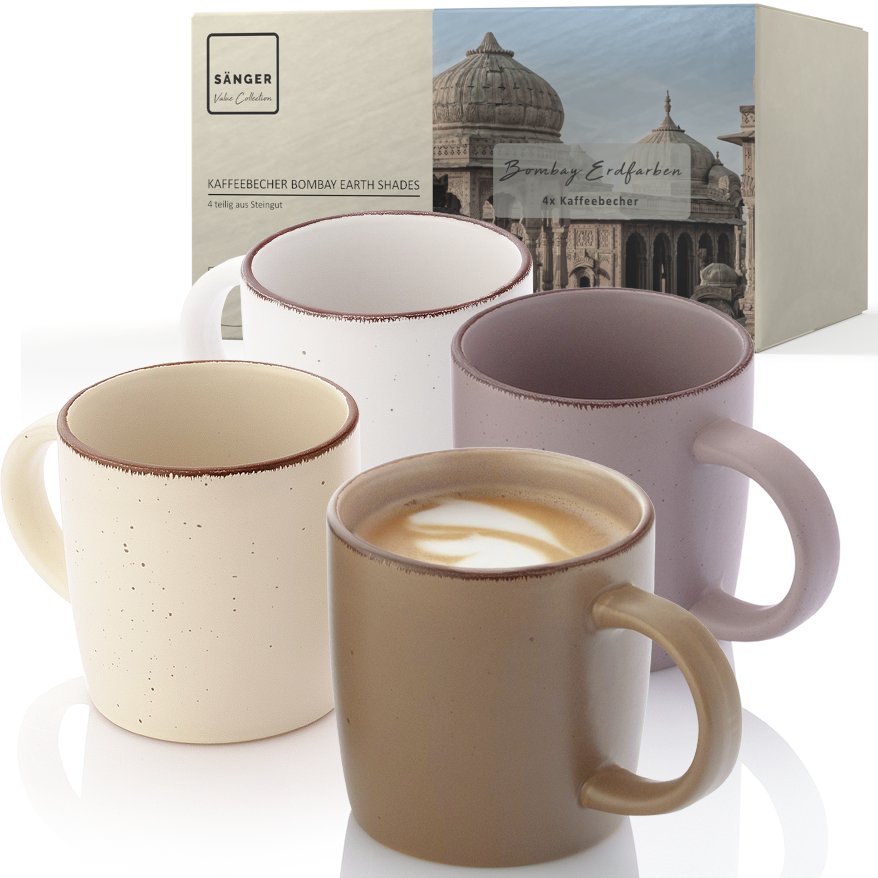SÄNGER Steingut Kaffeebecher Bombay Erdfarben 4 teilig
