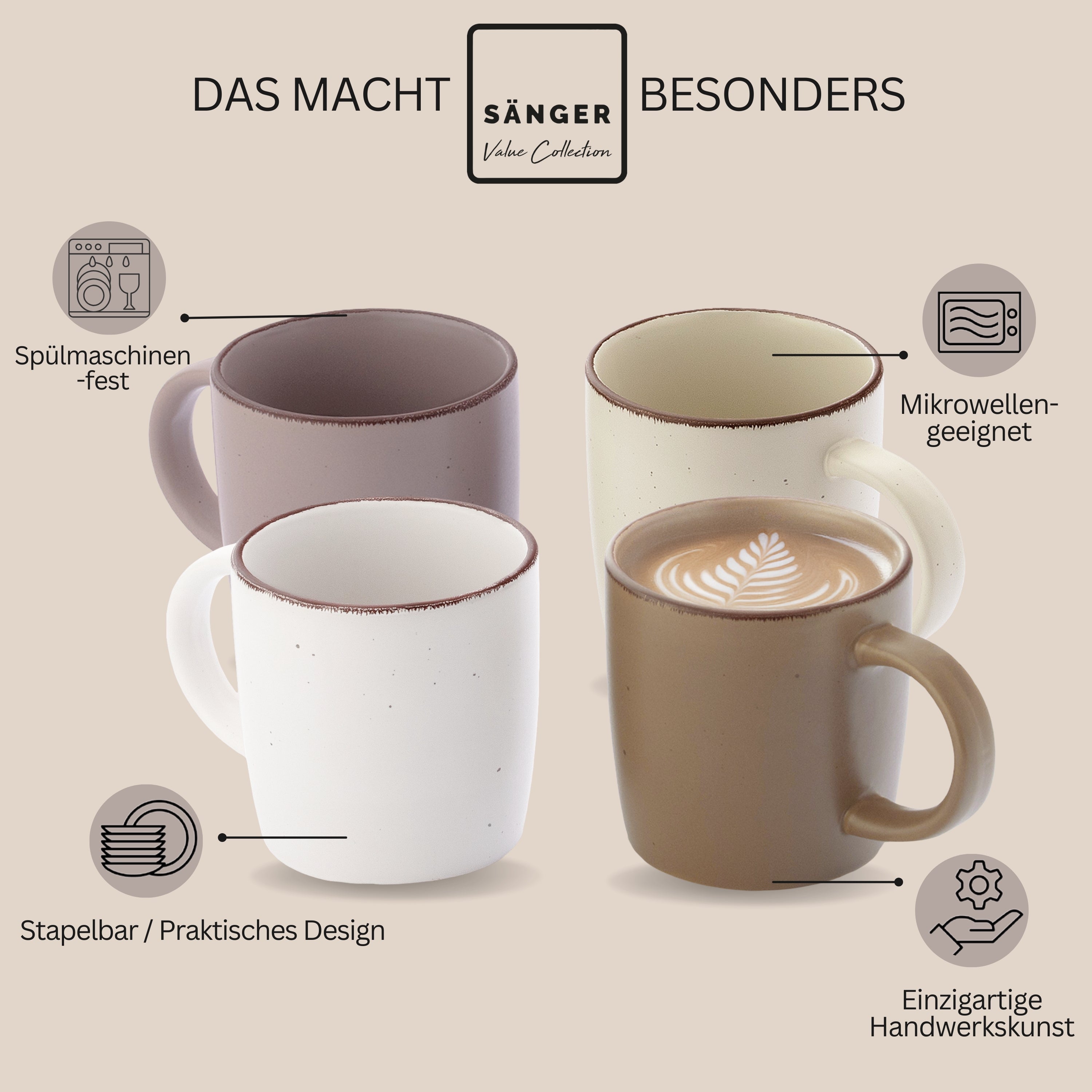 SÄNGER Steingut Kaffeebecher Bombay Erdfarben 4 teilig
