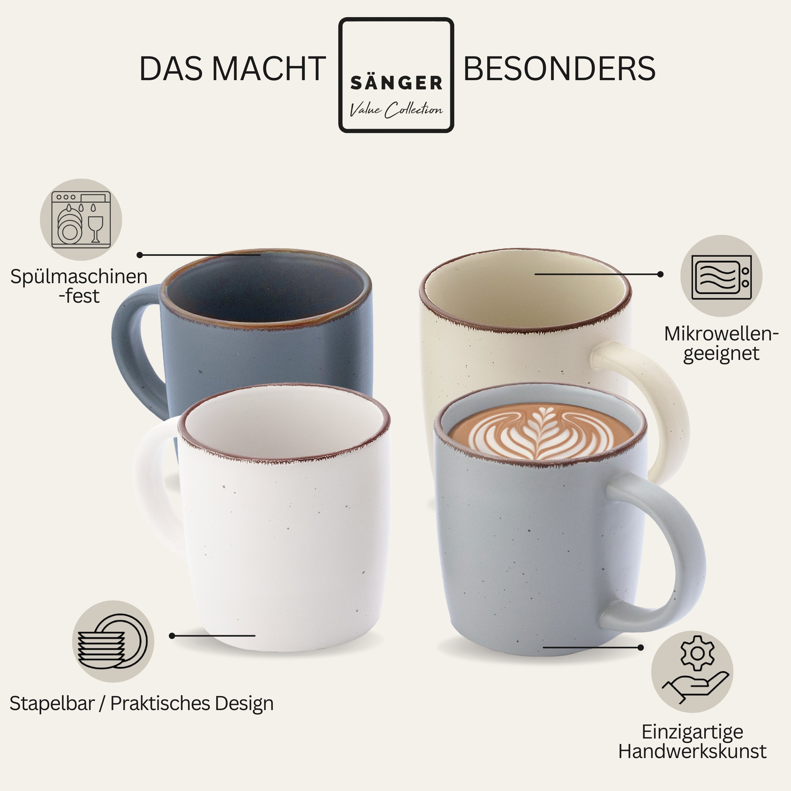 SÄNGER Steingut Kaffeebecher Bombay Moonlight 4 teilig