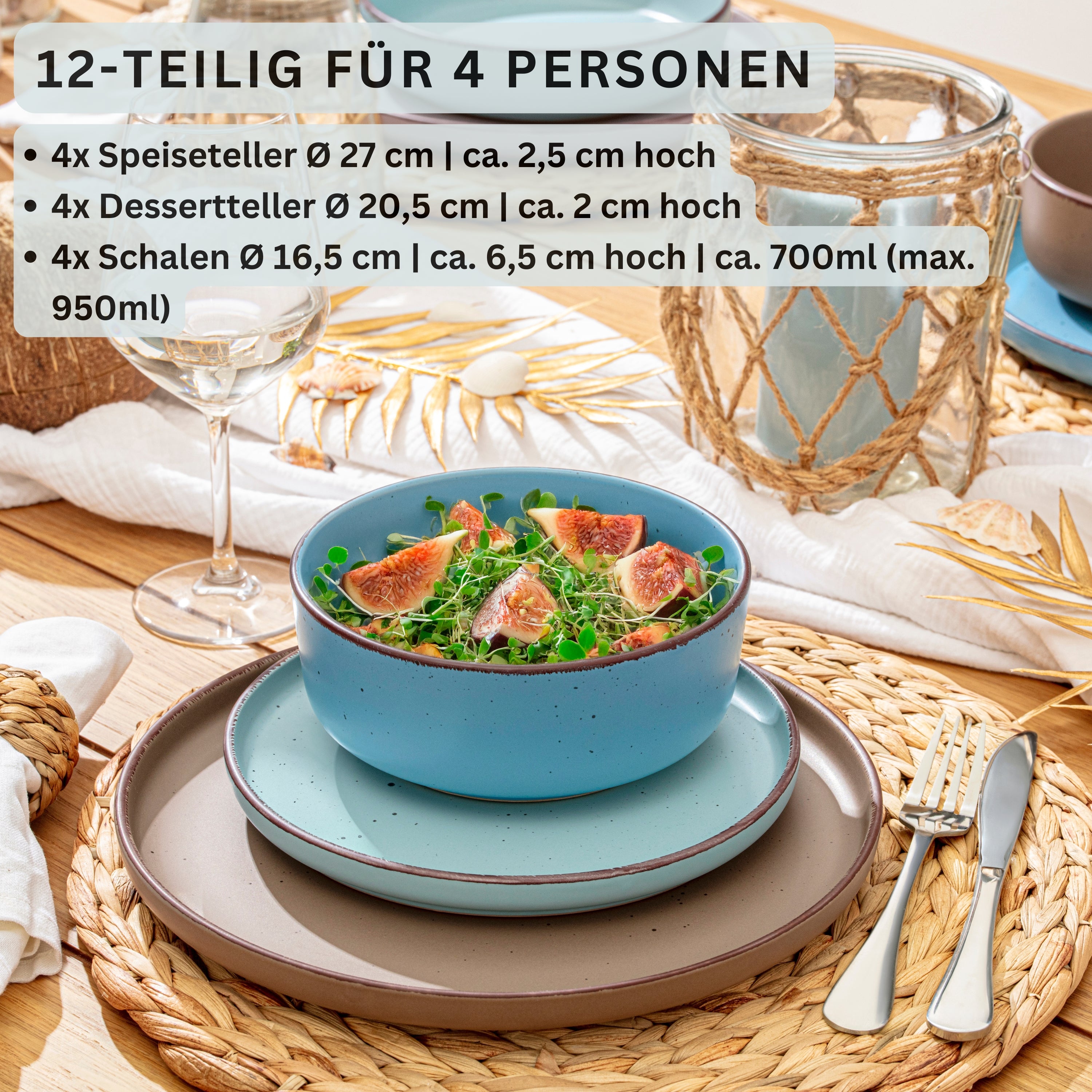 SÄNGER Steingut Geschirrset Bombay Meeresboden 12 teilig für 4 Personen