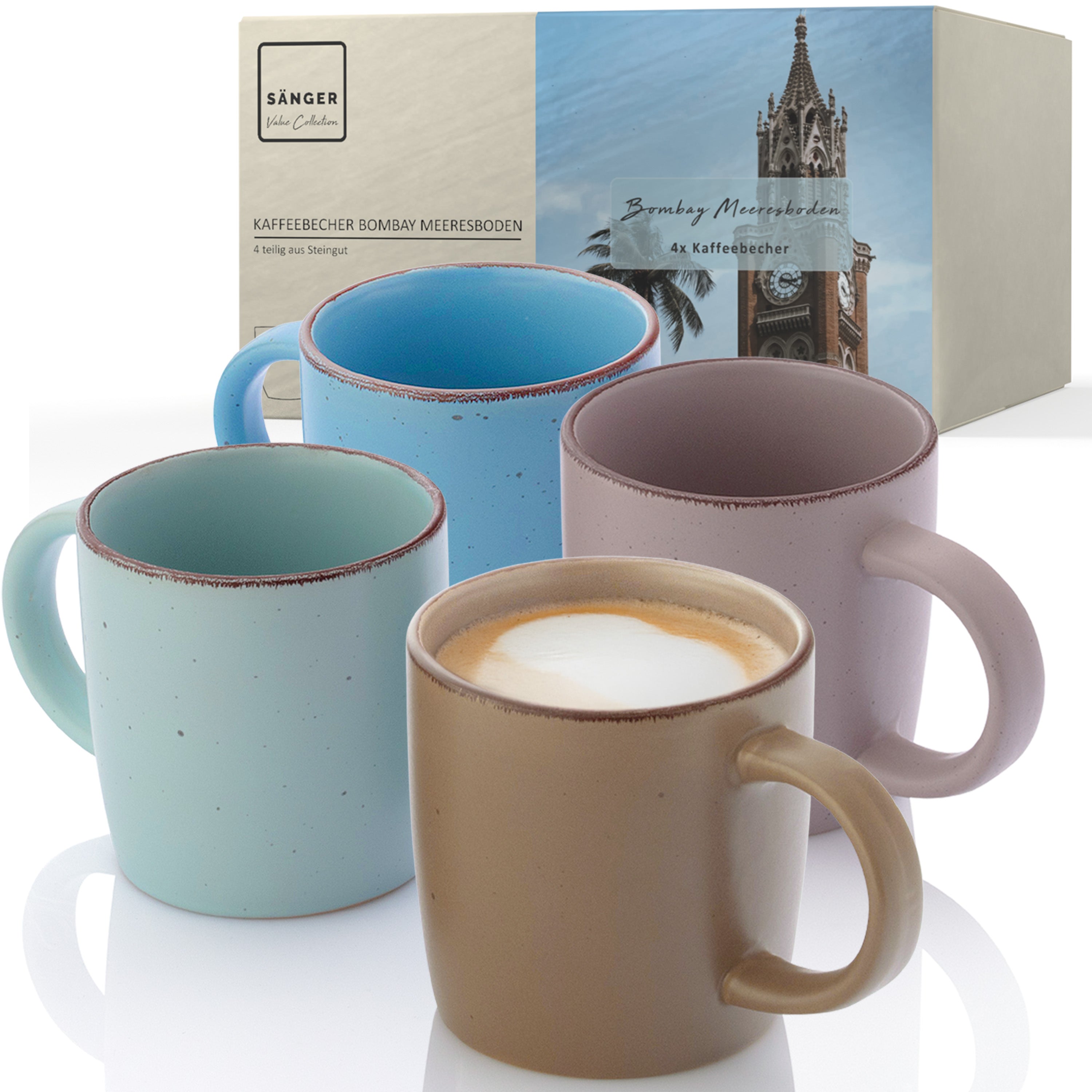 SÄNGER Steingut Kaffeebecher Bombay Meeresboden 4 teilig