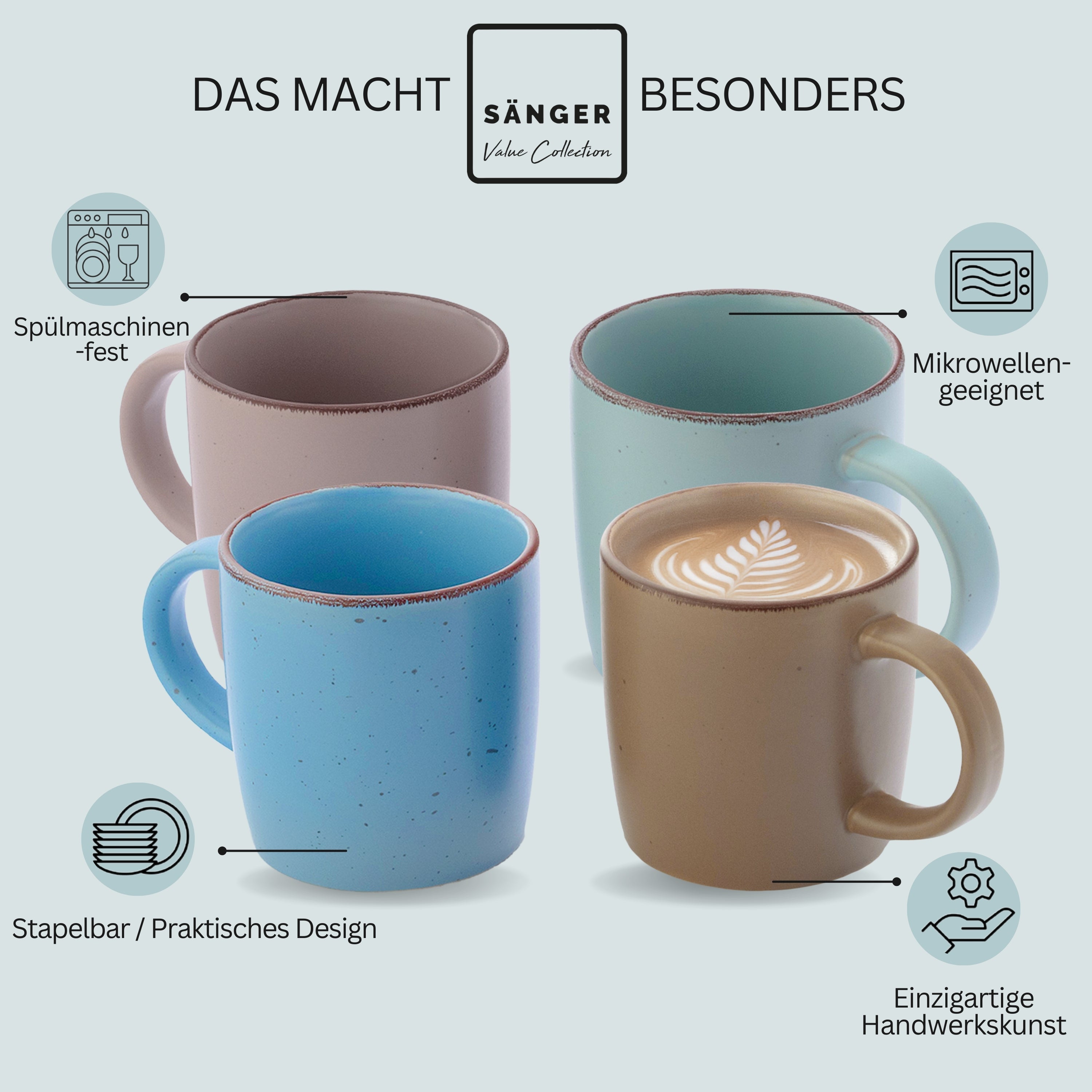 SÄNGER Steingut Kaffeebecher Bombay Meeresboden 4 teilig