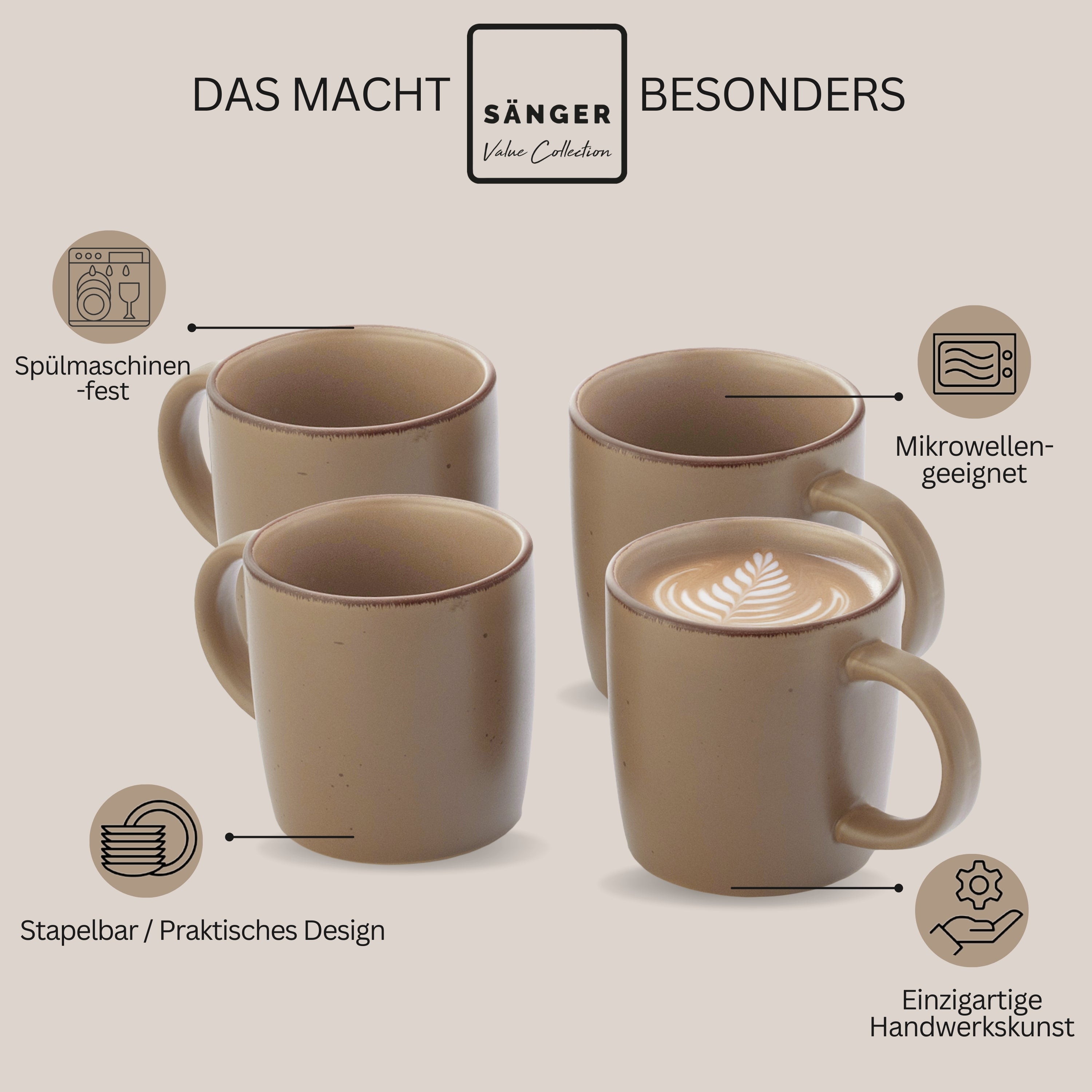 SÄNGER Steingut Kaffeebecher Bombay Oak 4 teilig