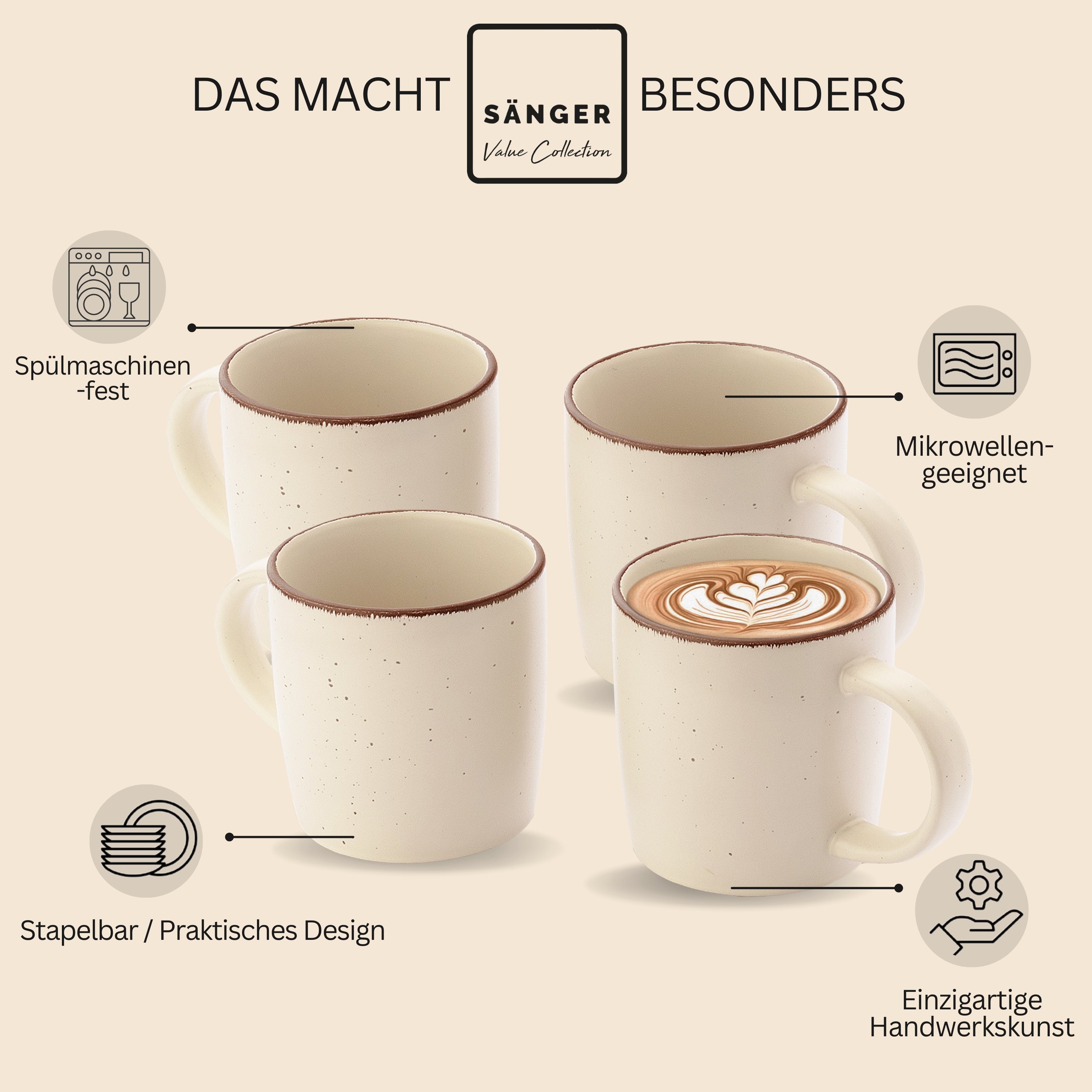 SÄNGER Steingut Kaffeebecher Bombay Beach 4 teilig