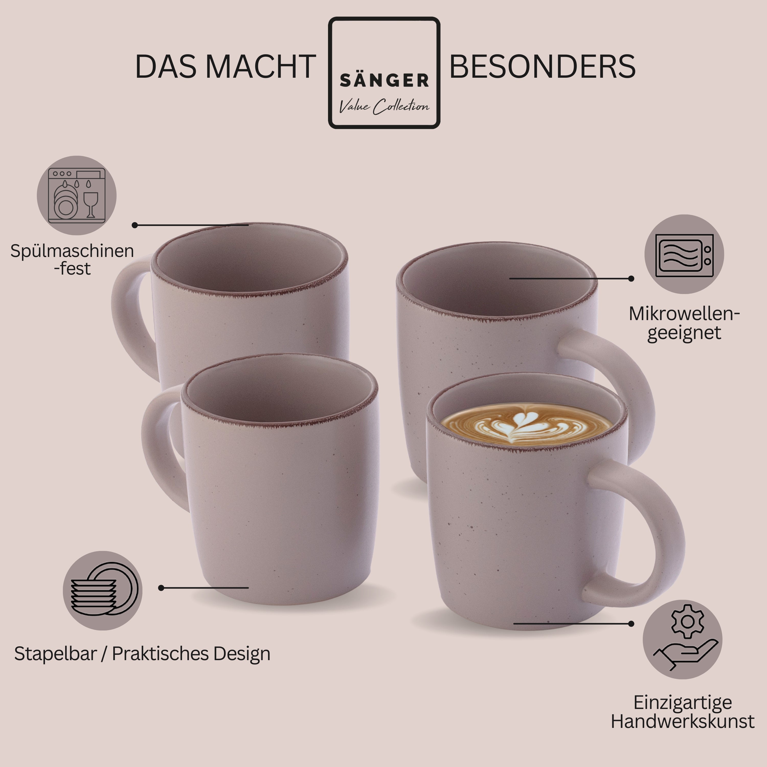 SÄNGER Steingut Kaffeebecher Bombay Basalt 4 teilig