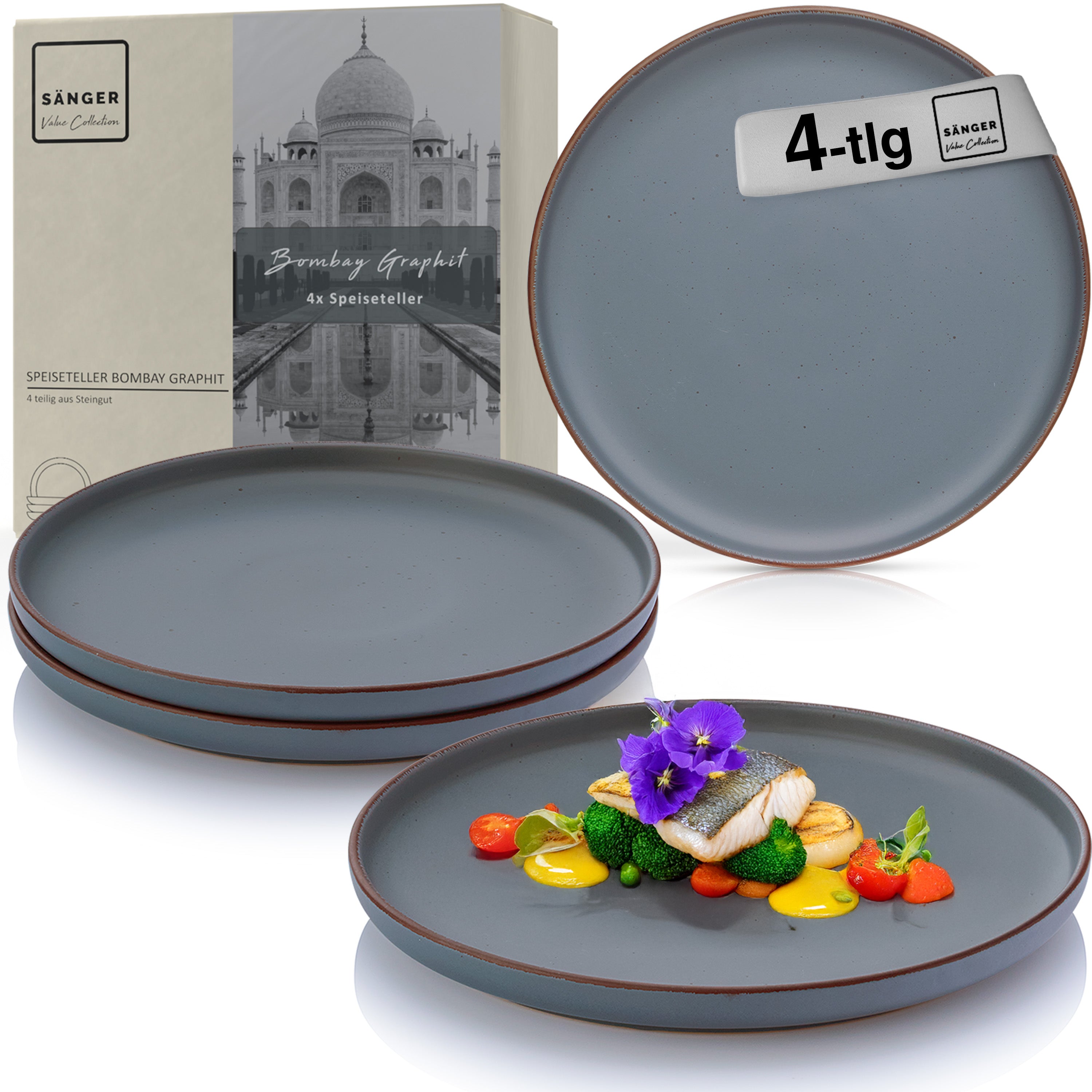 SÄNGER Steingut Speiseteller Bombay Graphit 4 teilig