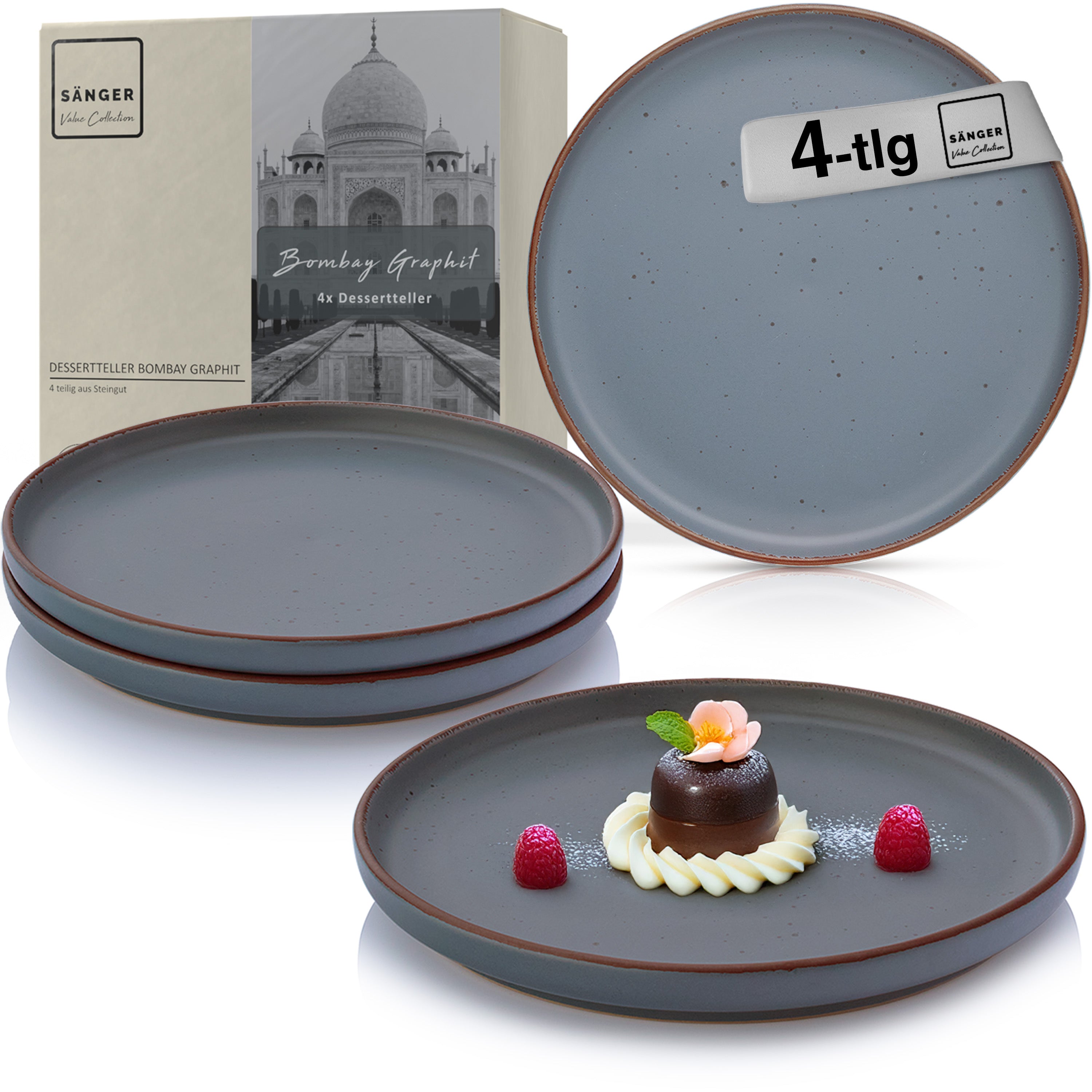 SÄNGER Steingut Dessertteller Bombay Graphit 4 teilig