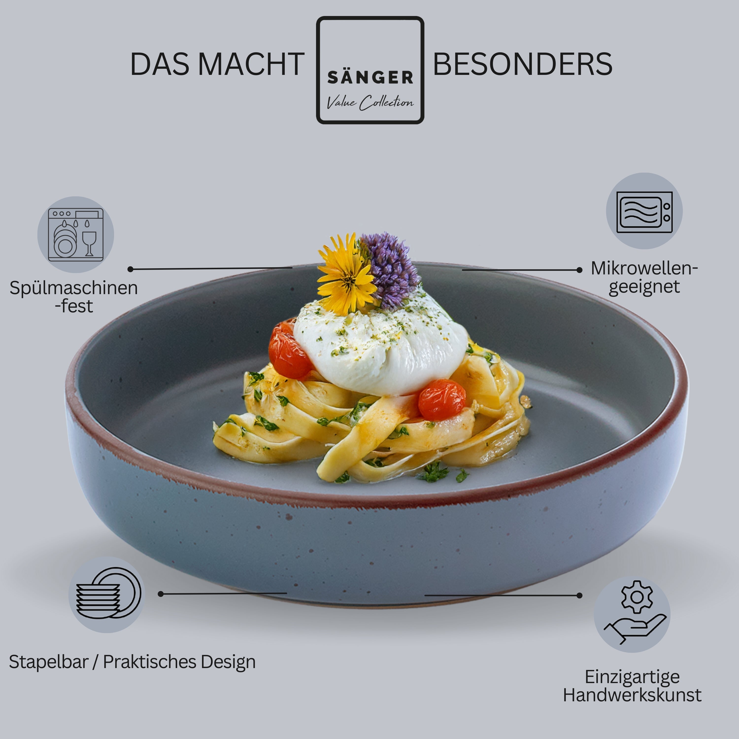 SÄNGER Steingut Pastaschalen Bombay Graphit 4 teilig