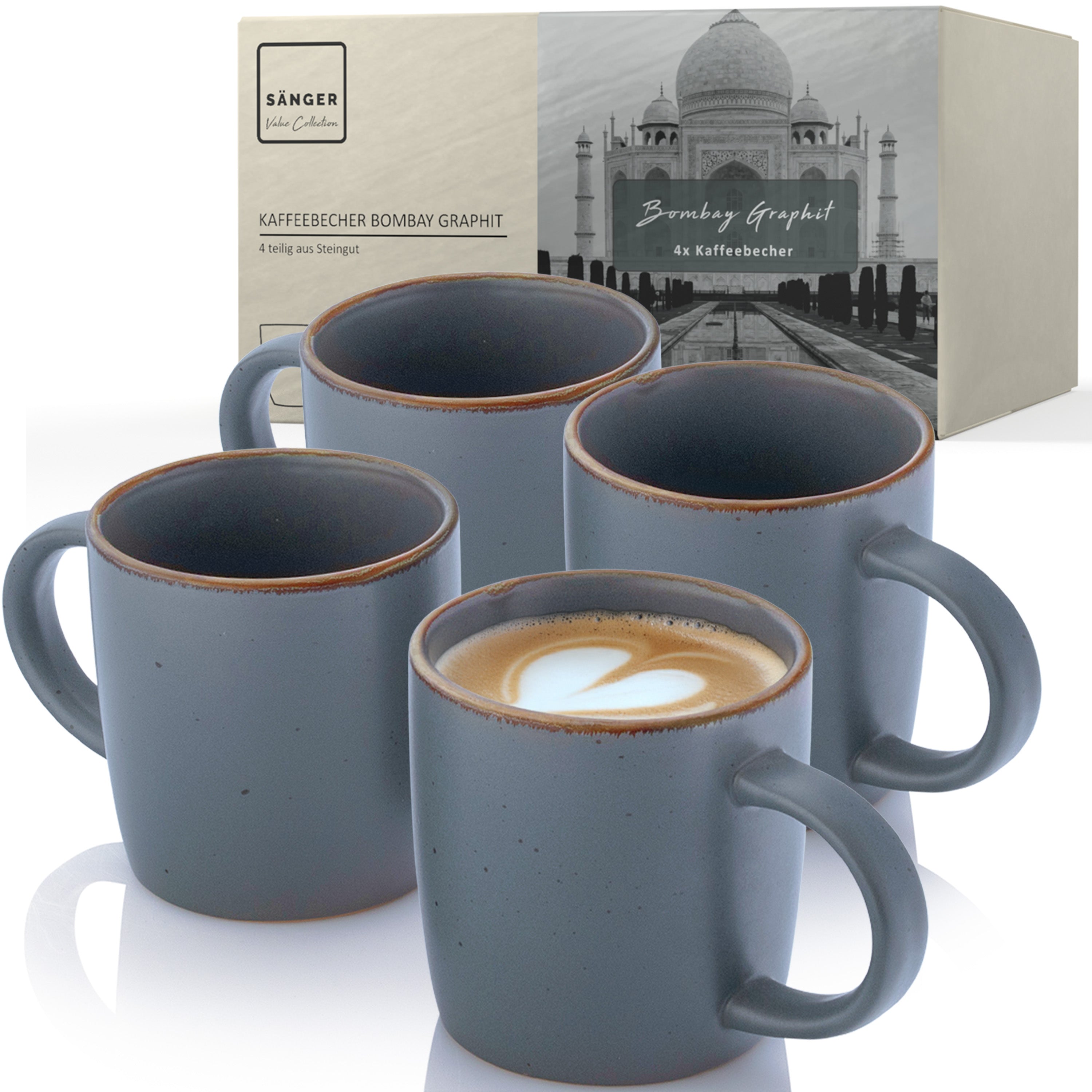SÄNGER Steingut Kaffeebecher Bombay Graphit 4 teilig