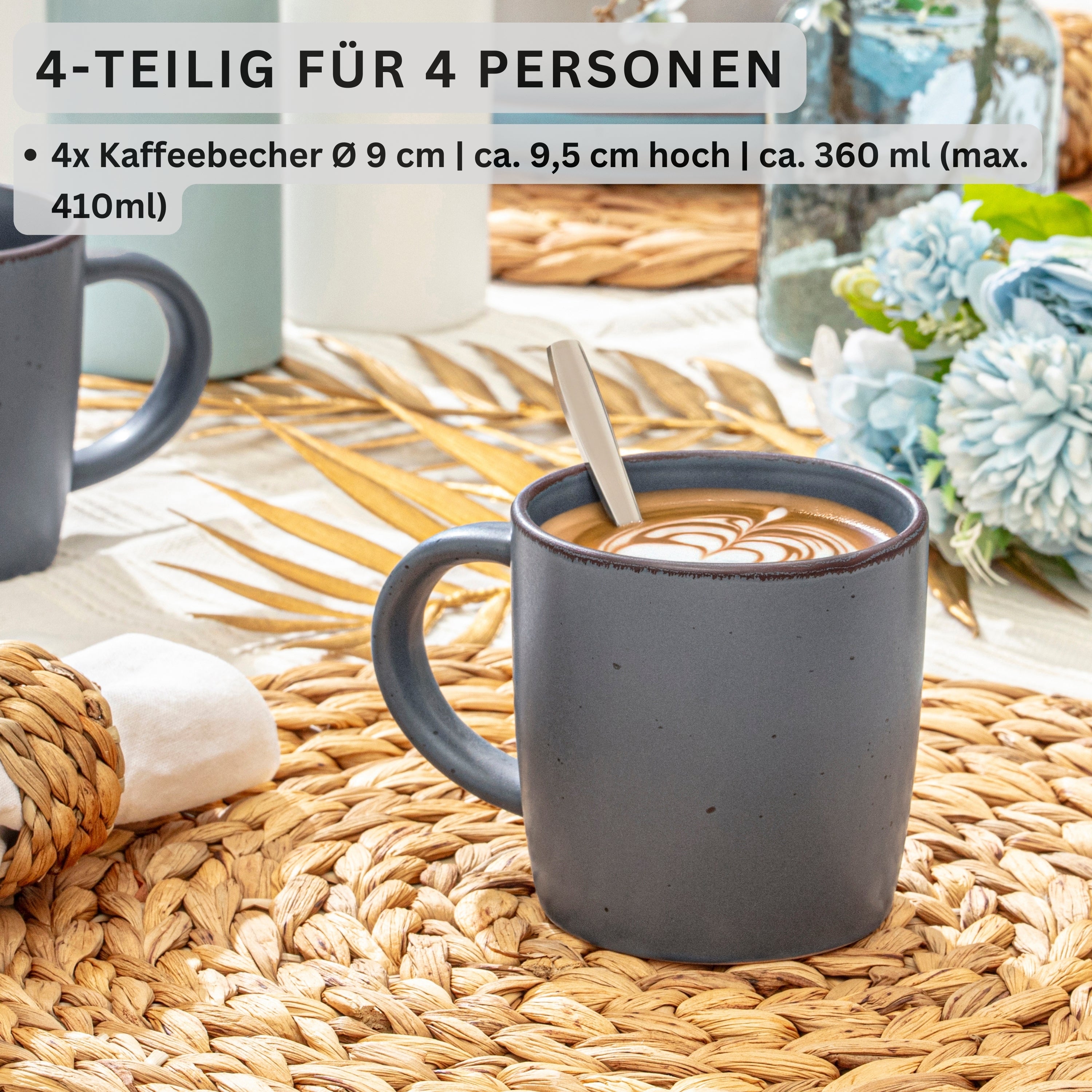 SÄNGER Steingut Kaffeebecher Bombay Graphit 4 teilig