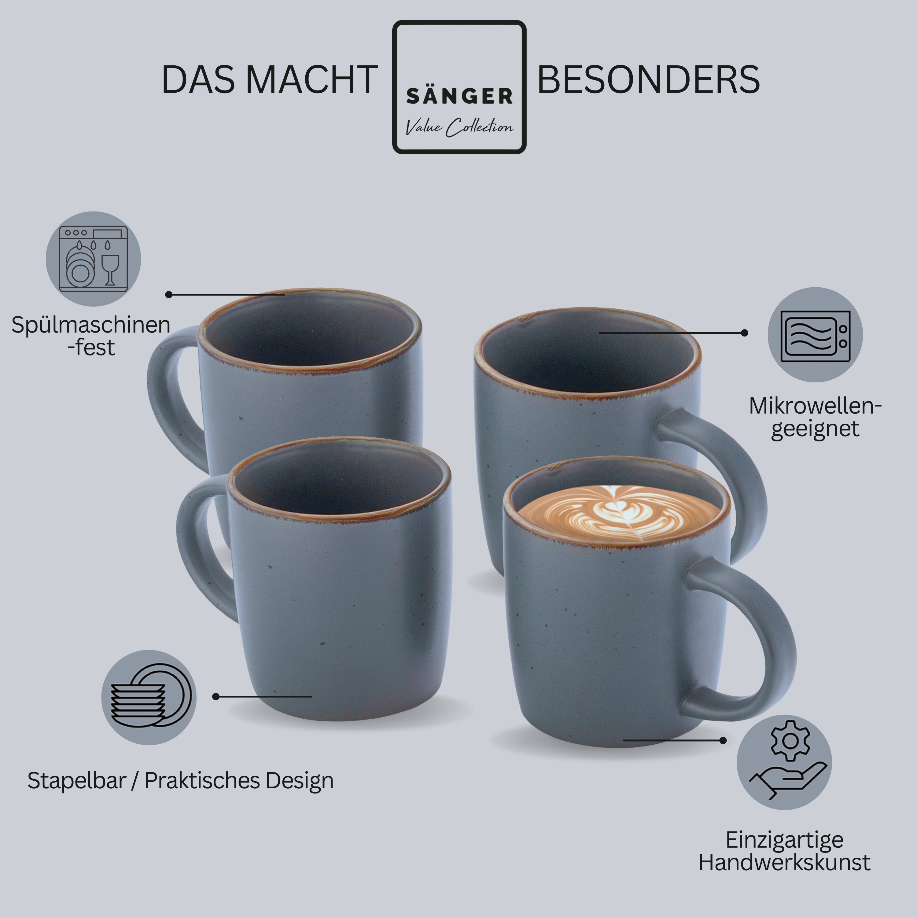SÄNGER Steingut Kaffeebecher Bombay Graphit 4 teilig