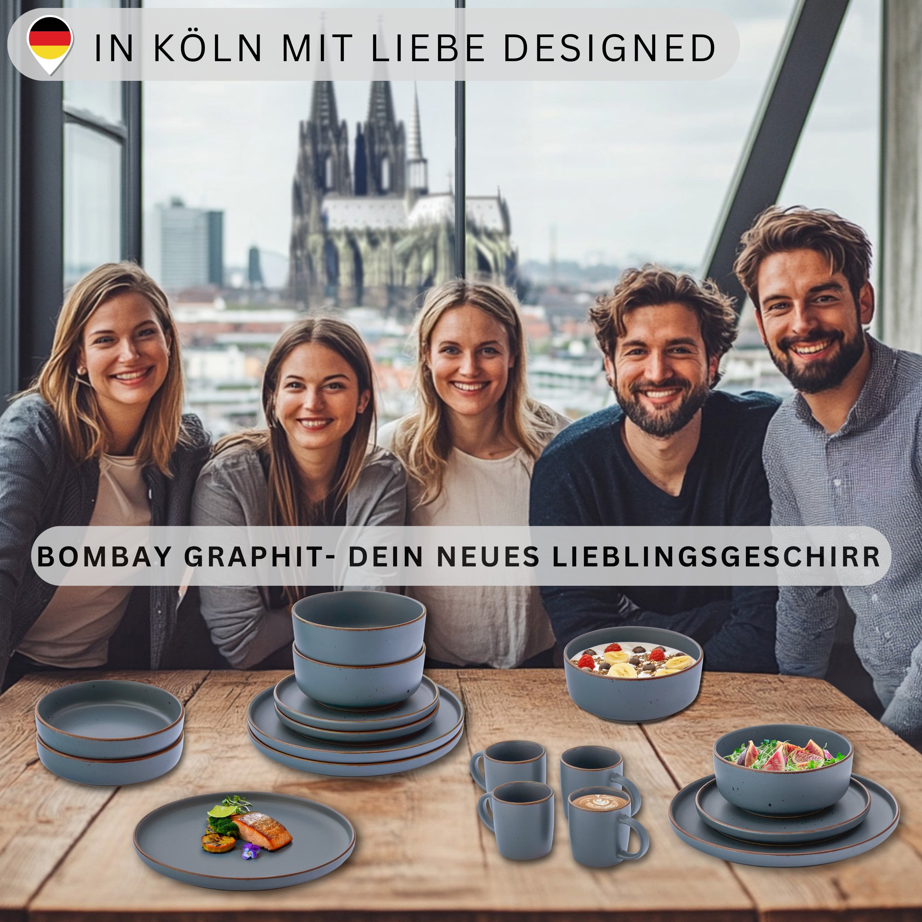 SÄNGER Steingut Kaffeebecher Bombay Graphit 4 teilig