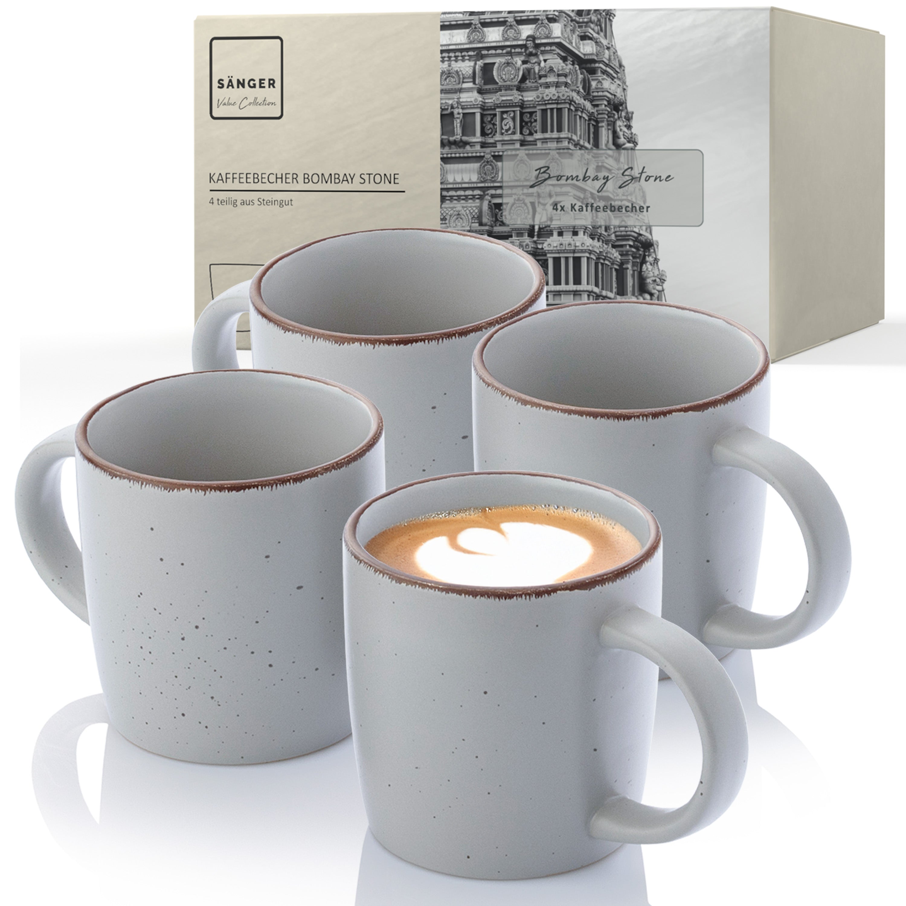 SÄNGER Steingut Kaffeebecher Bombay Stone 4 teilig