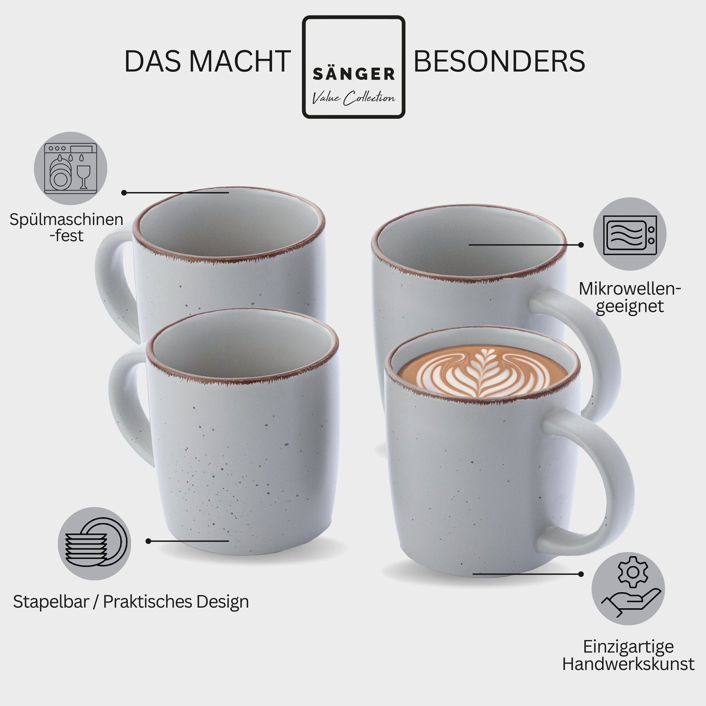 SÄNGER Steingut Kaffeebecher Bombay Stone 4 teilig