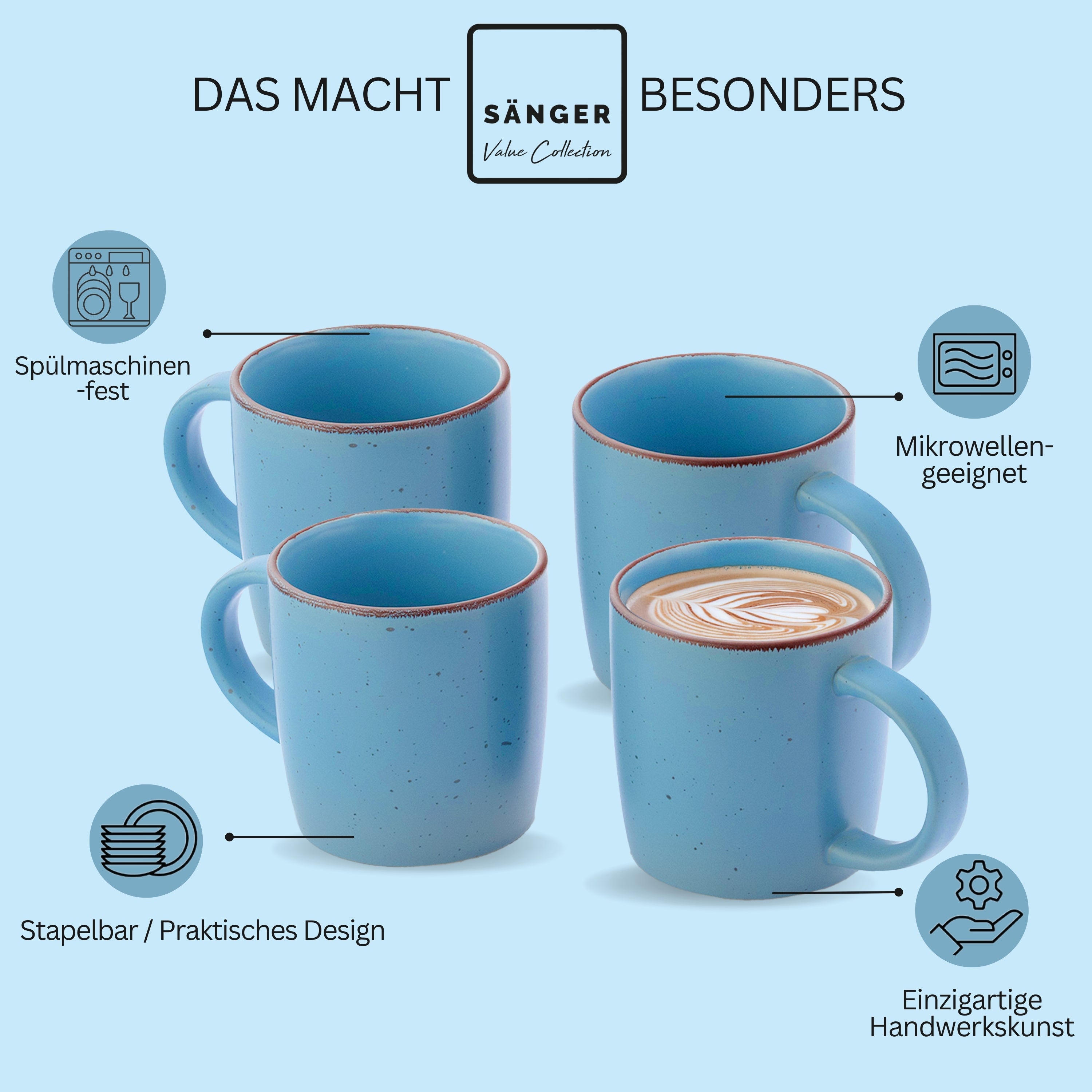 SÄNGER Steingut Kaffeebecher Bombay Saphir 4 teilig