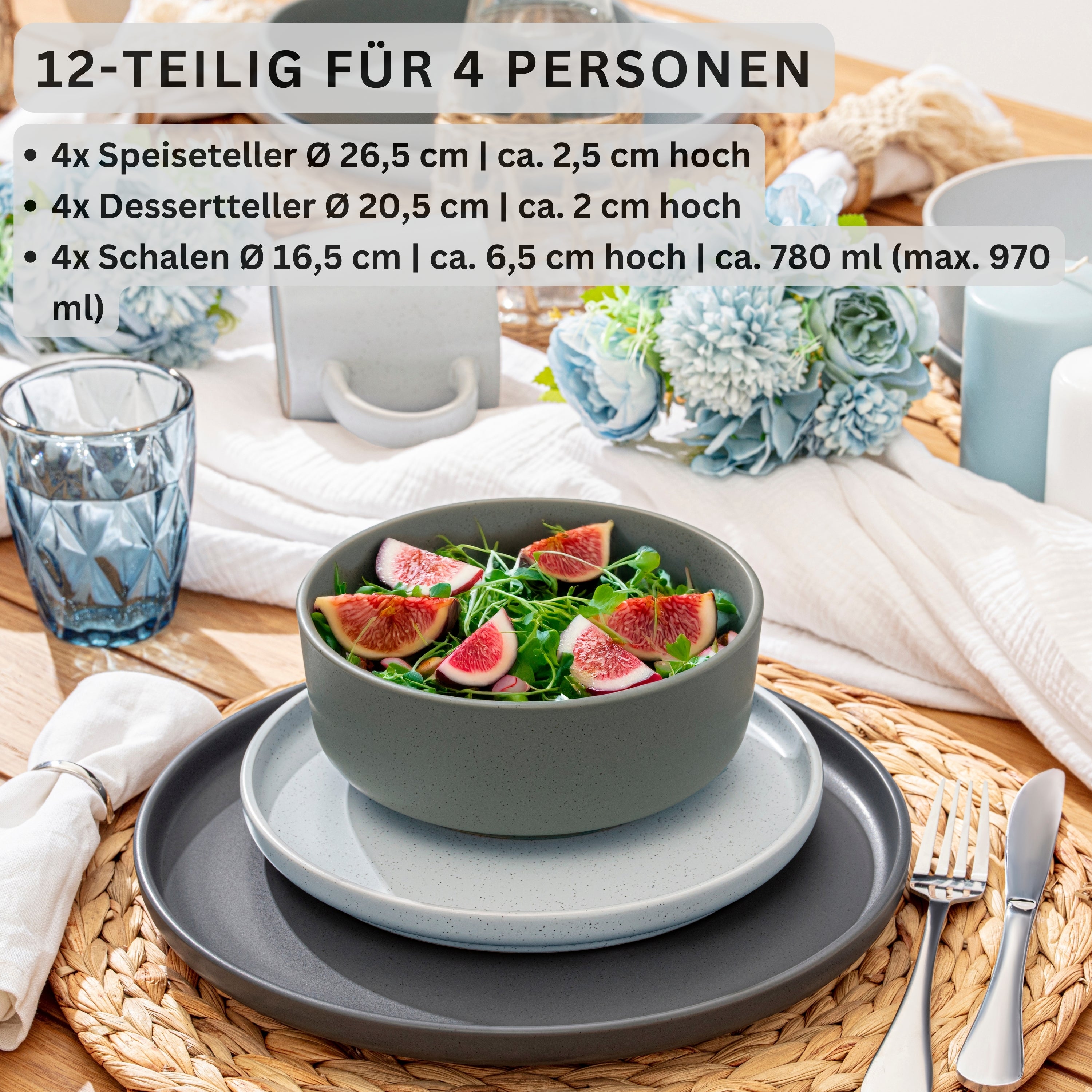 SÄNGER Steingut Geschirrset Leeds 12 teilig für 4 Personen