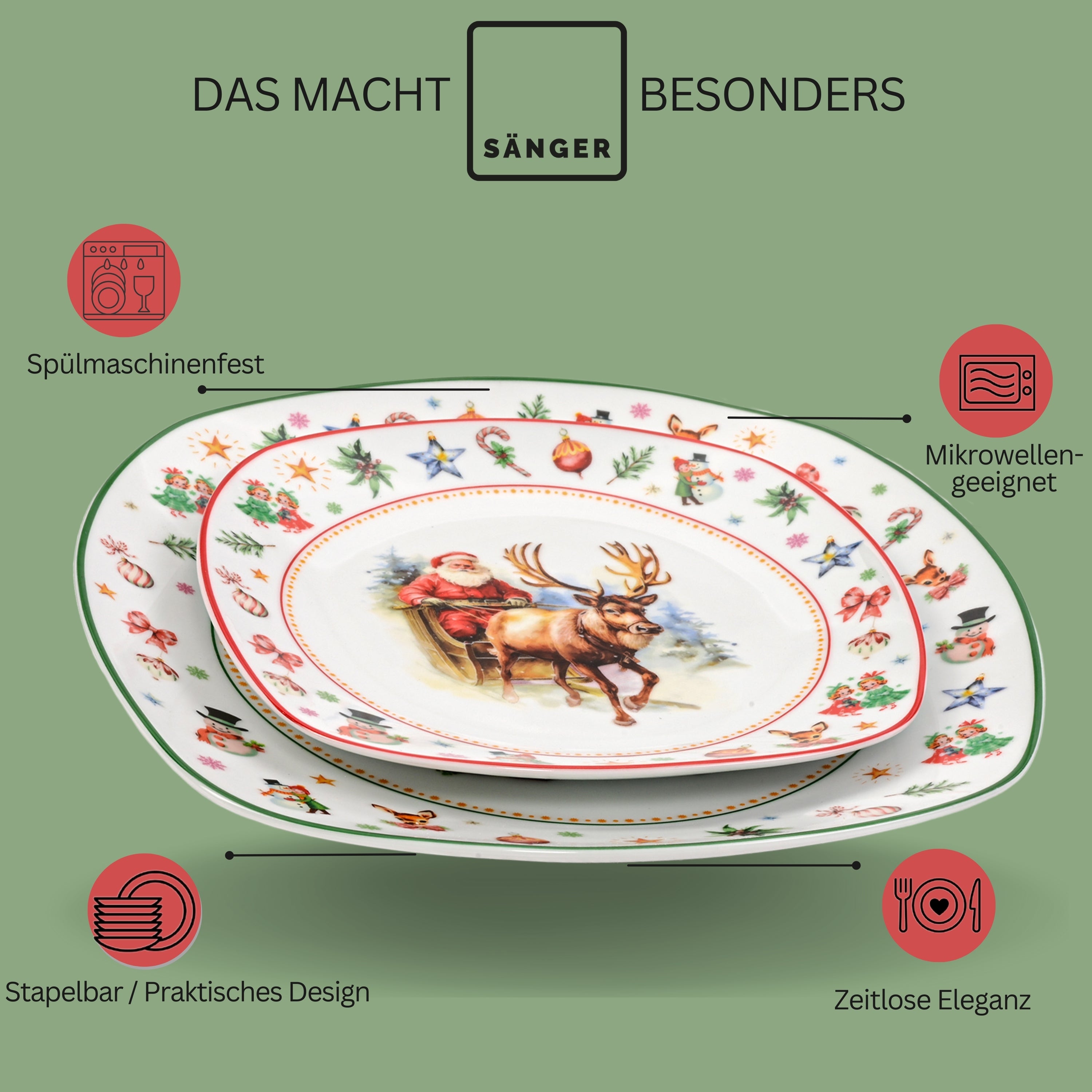 SÄNGER Porzellan Geschirrset Bilgola Christmas Design, Tafelservice 24 teilig für 6 Personen