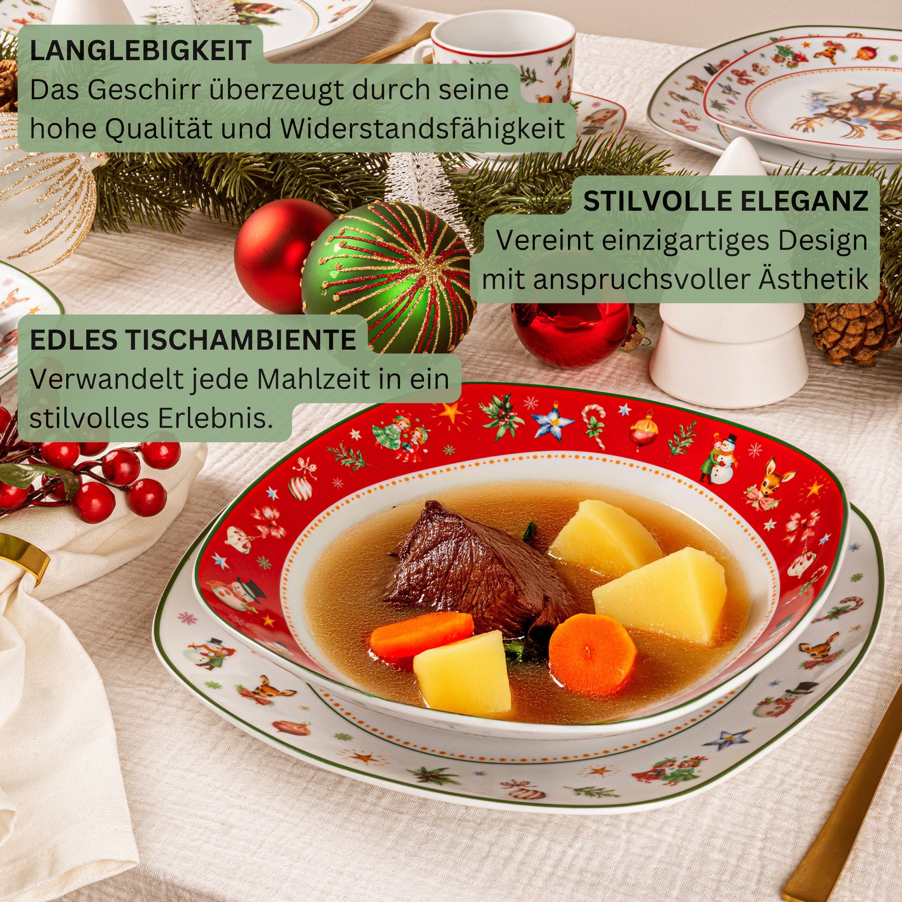 SÄNGER Porzellan Geschirrset Bilgola Christmas Design, Tafelservice 24 teilig für 6 Personen