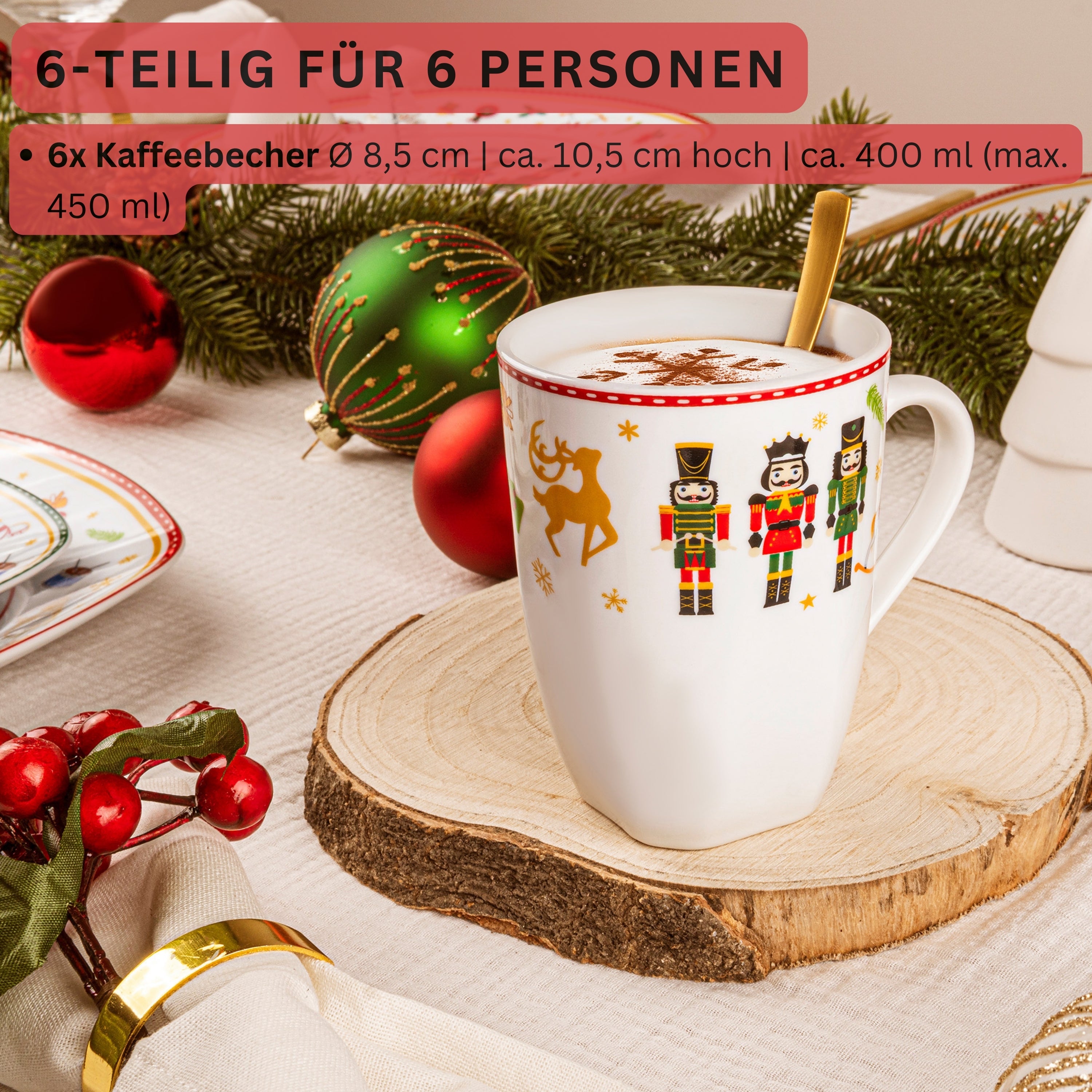 SÄNGER Kaffeebecher Set Bilgola Nussknacker Design 6 teilig