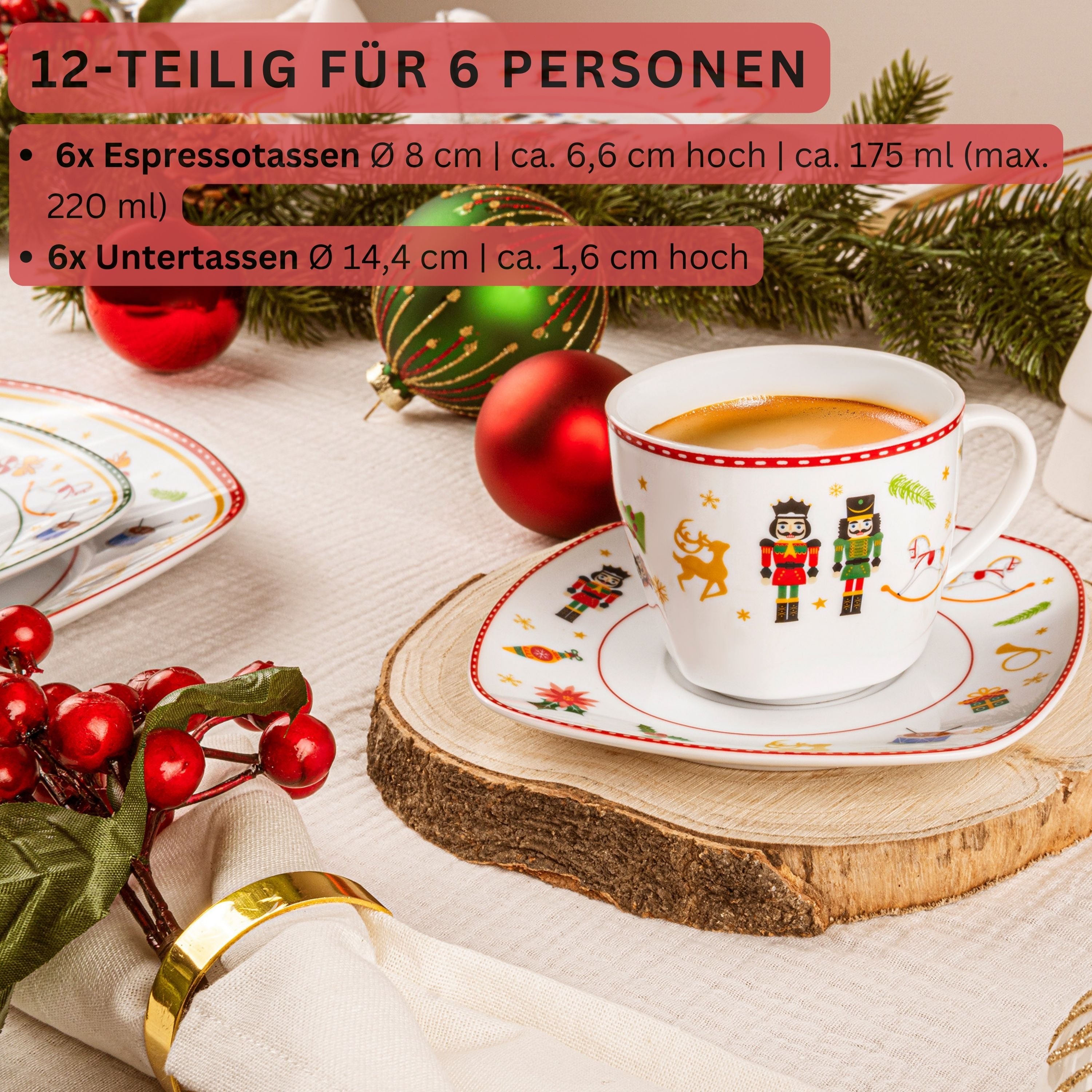 SÄNGER Kaffeetassen Set Bilgola Nussknacker Design 12 teilig für 6 Personen
