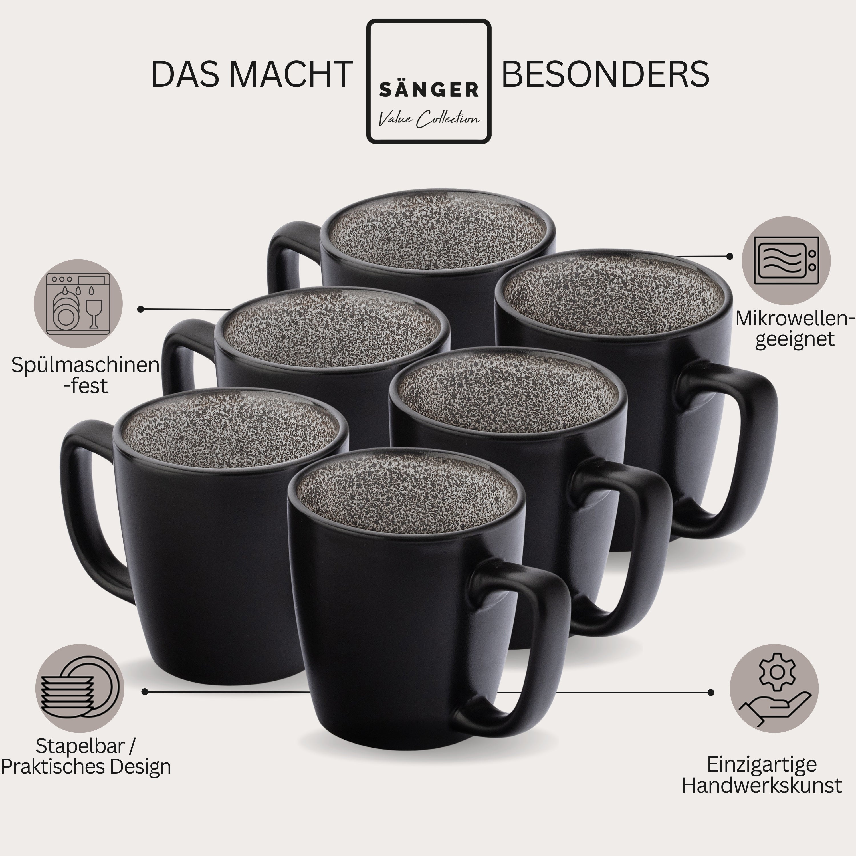 SÄNGER Steingut Kaffeebecher Luxor 6 teilig