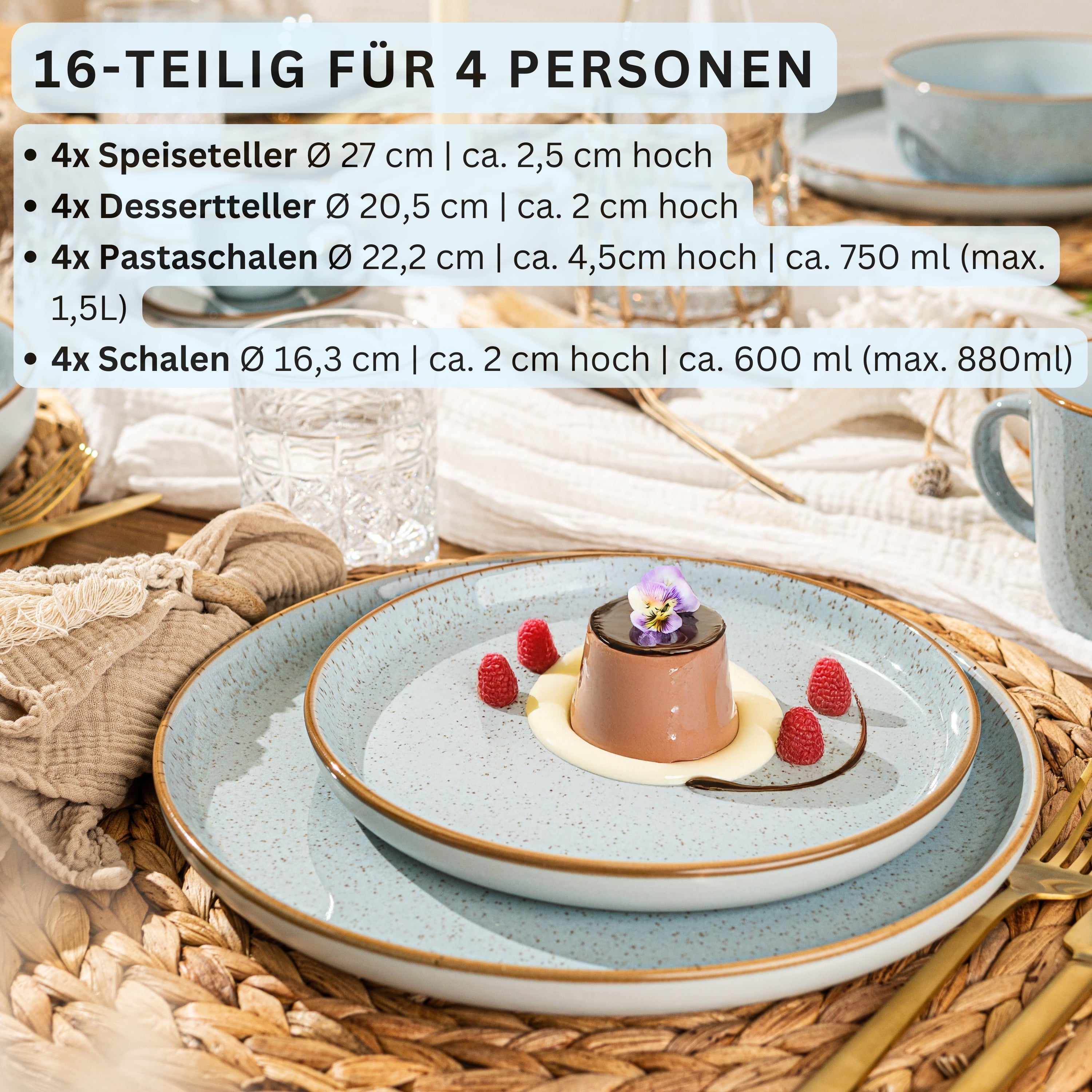SÄNGER Steingut Geschirrset Rio Lagune, Tafelservice 16 teilig für 4 Personen