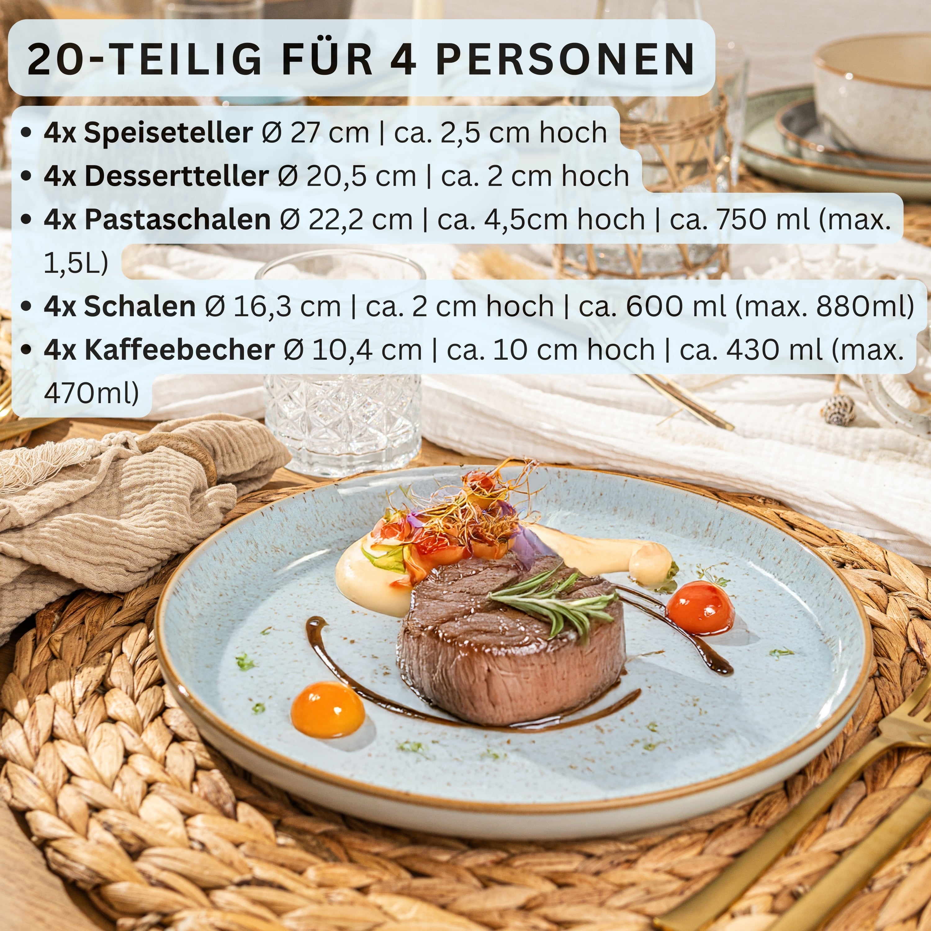 SÄNGER Steingut Geschirrset Rio Lagune, Kombiservice 20 teilig für 4 Personen