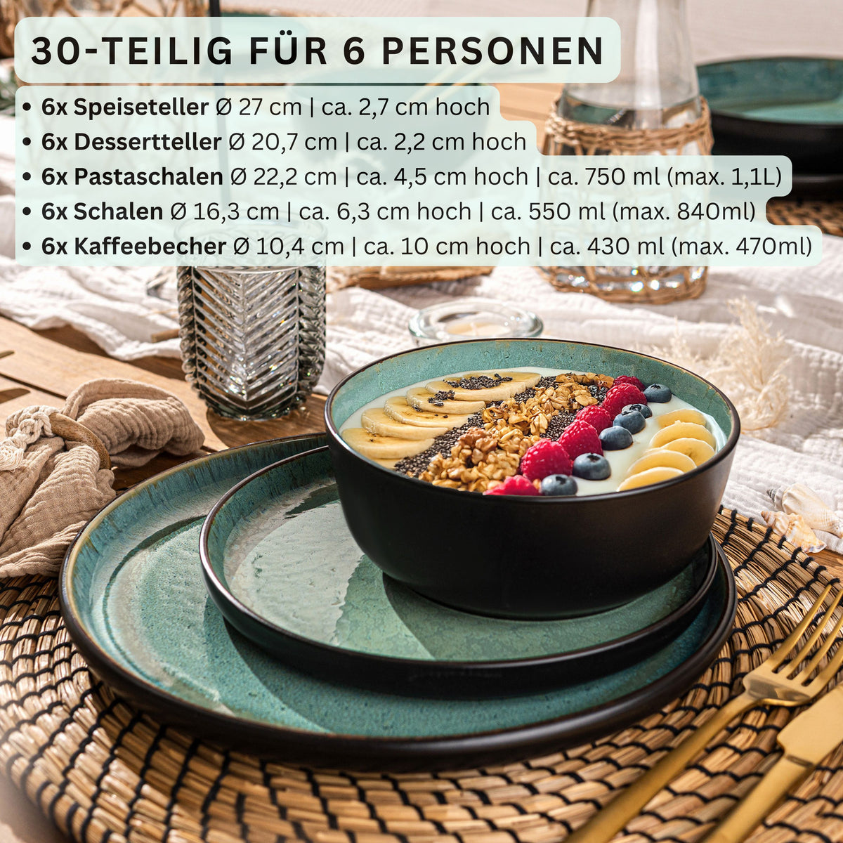 SÄNGER Steingut Geschirrset Fiji, Kombiservice 30 teilig für 6 Persone