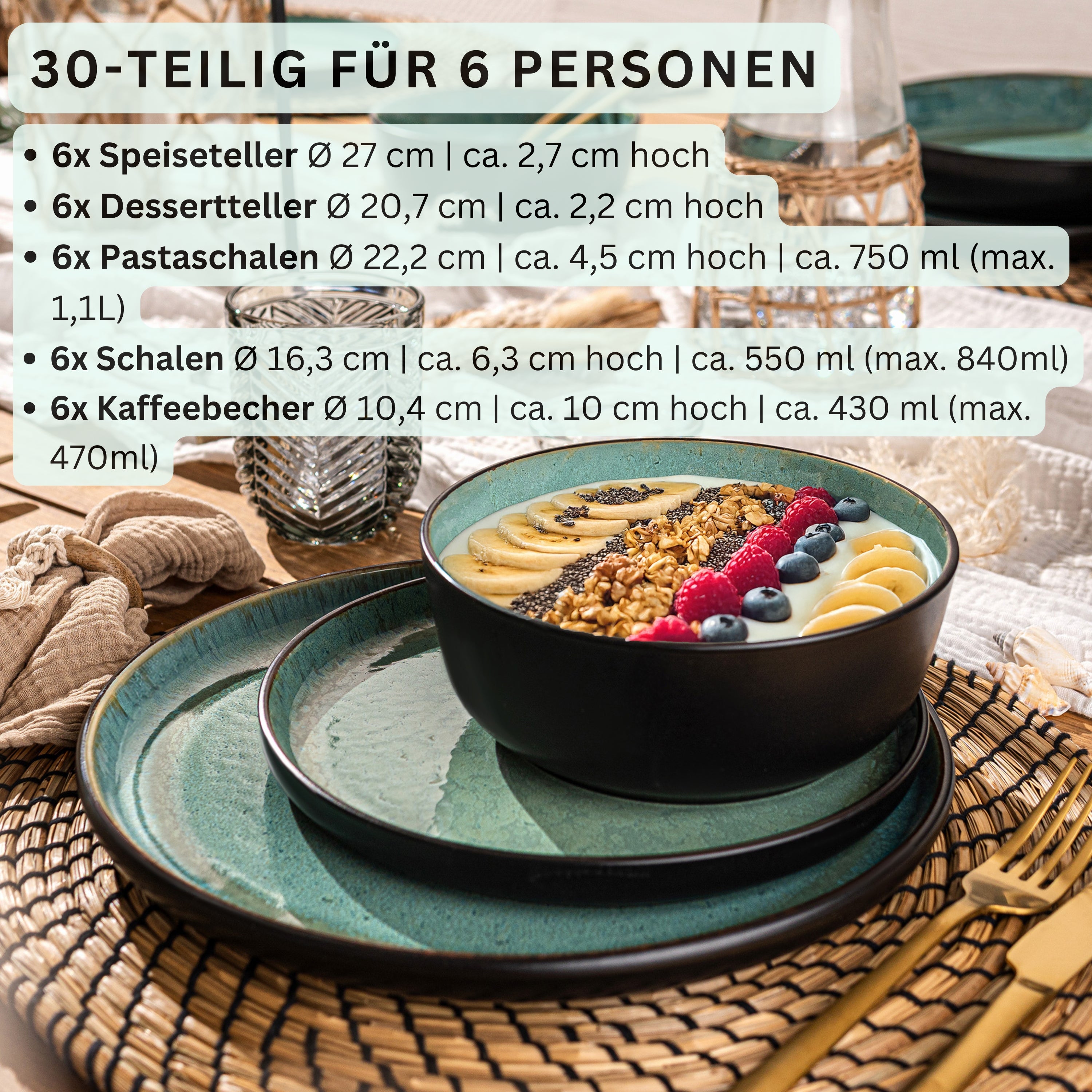 SÄNGER Steingut Geschirrset Fiji, Kombiservice 30 teilig für 6 Personen