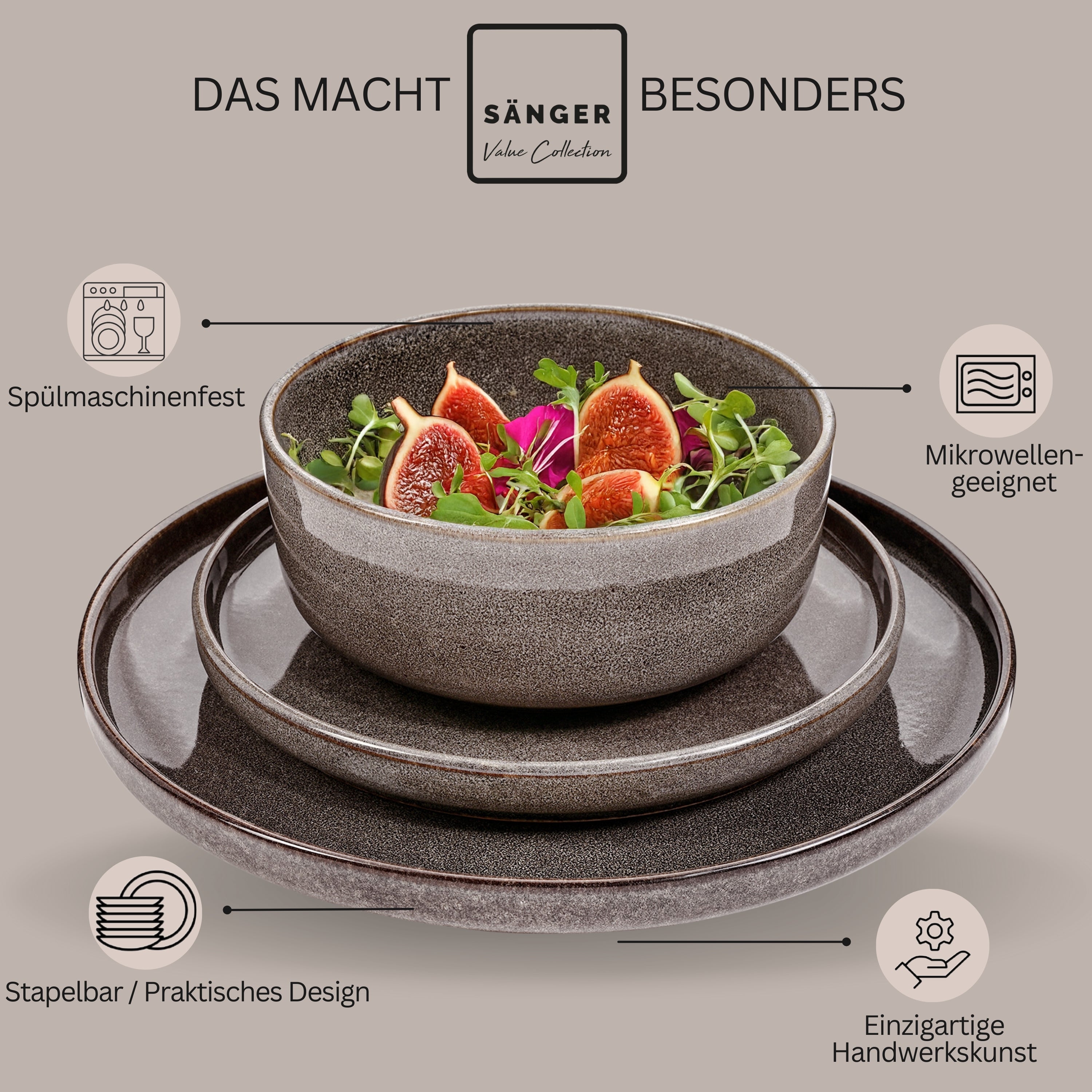 SÄNGER Tafelservice Kairo Graphit - 24 teilig aus Steingut