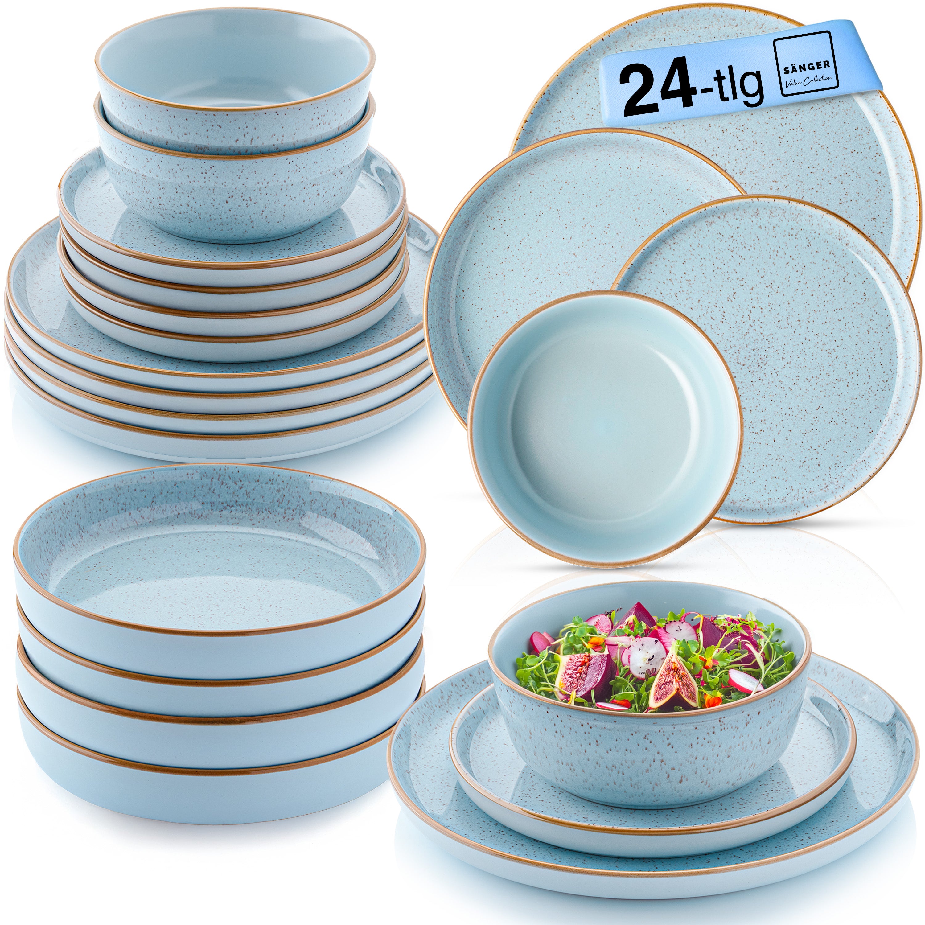SÄNGER Steingut Geschirrset Rio Lagune, Tafelservice 24 teilig für 6 Personen