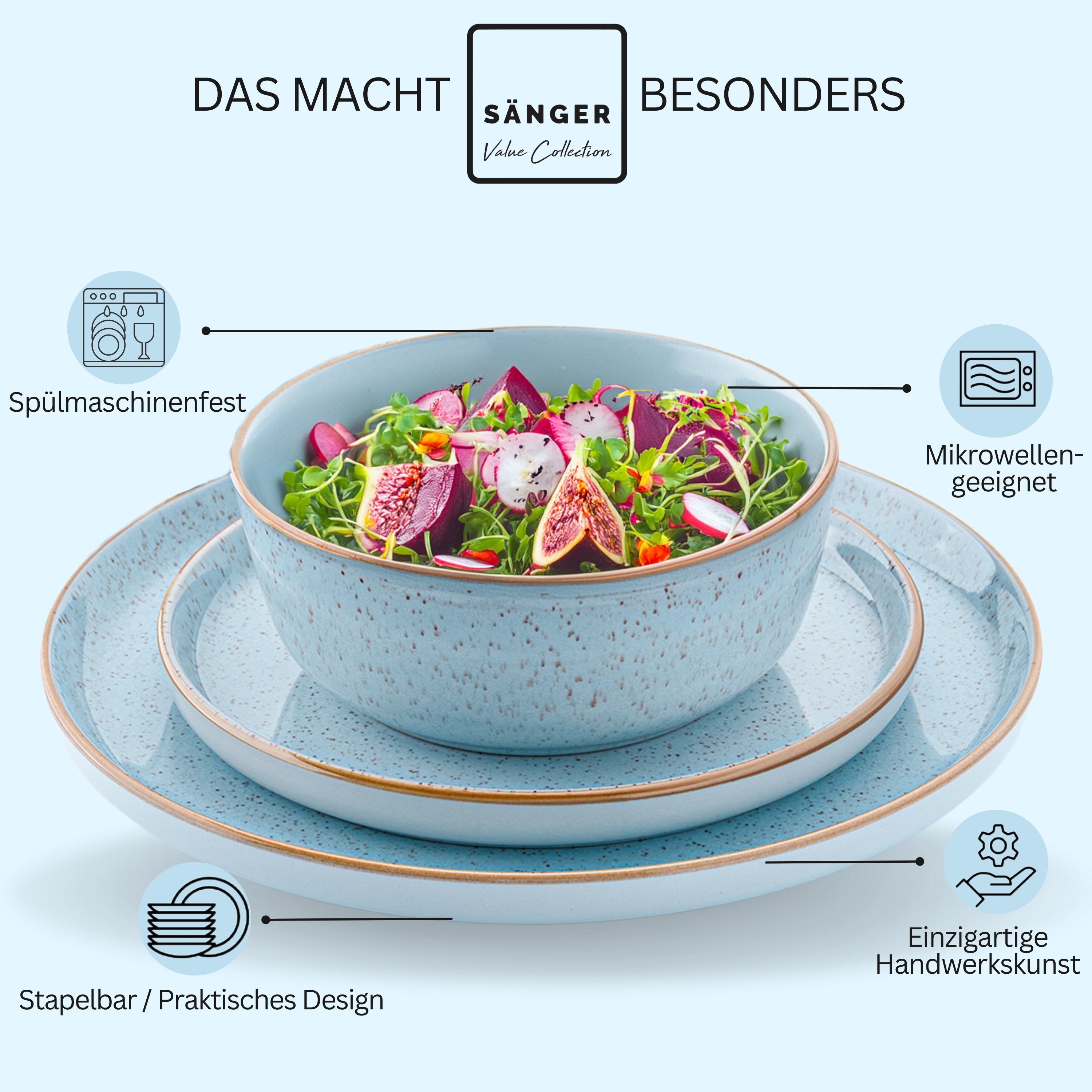 SÄNGER Steingut Geschirrset Rio Lagune, Kombiservice 30 teilig für 6 Personen