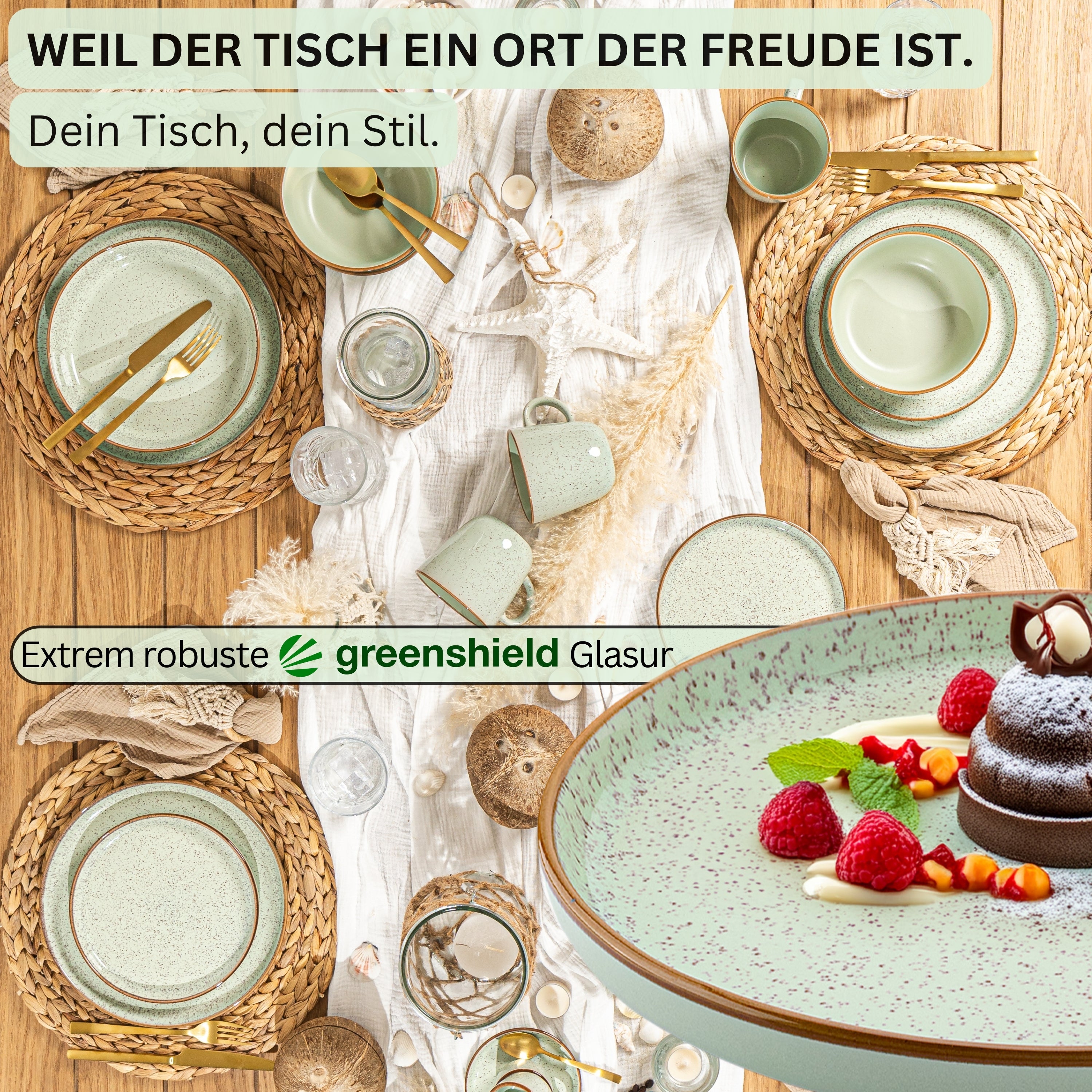 SÄNGER Steingut Geschirrset Rio Minze, Kombiservice 30 teilig für 6 Personen