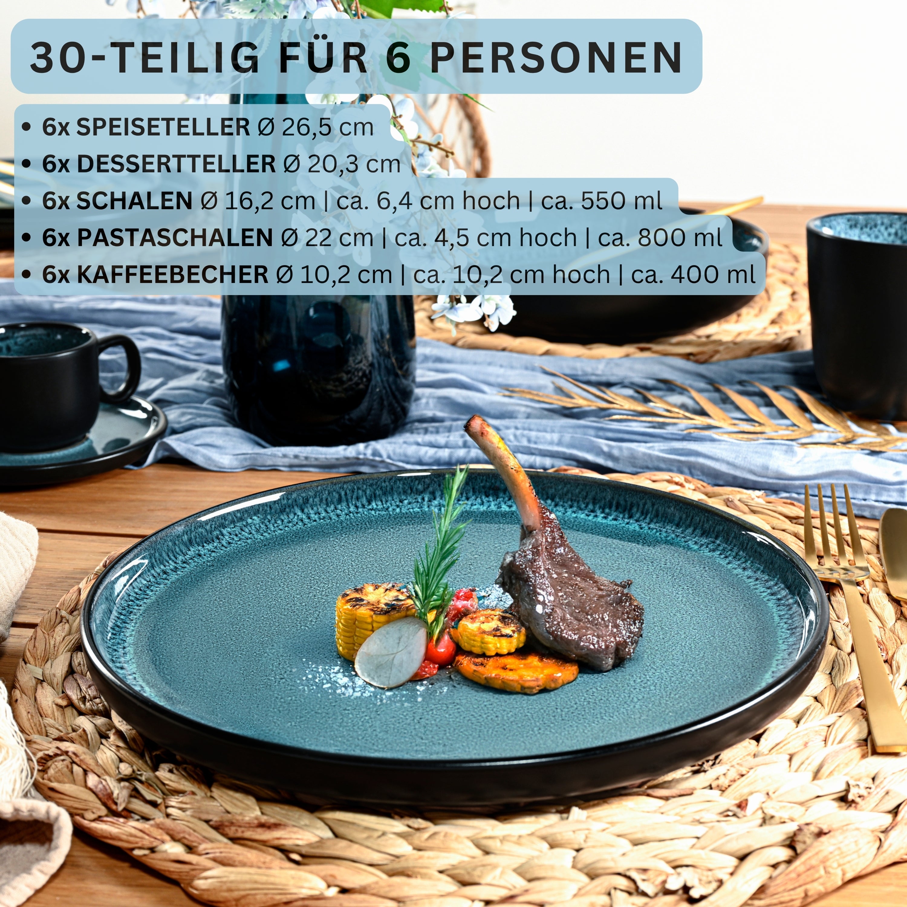 SÄNGER Steingut Geschirrset Vigo, Kombiservice 30 teilig für 6 Personen