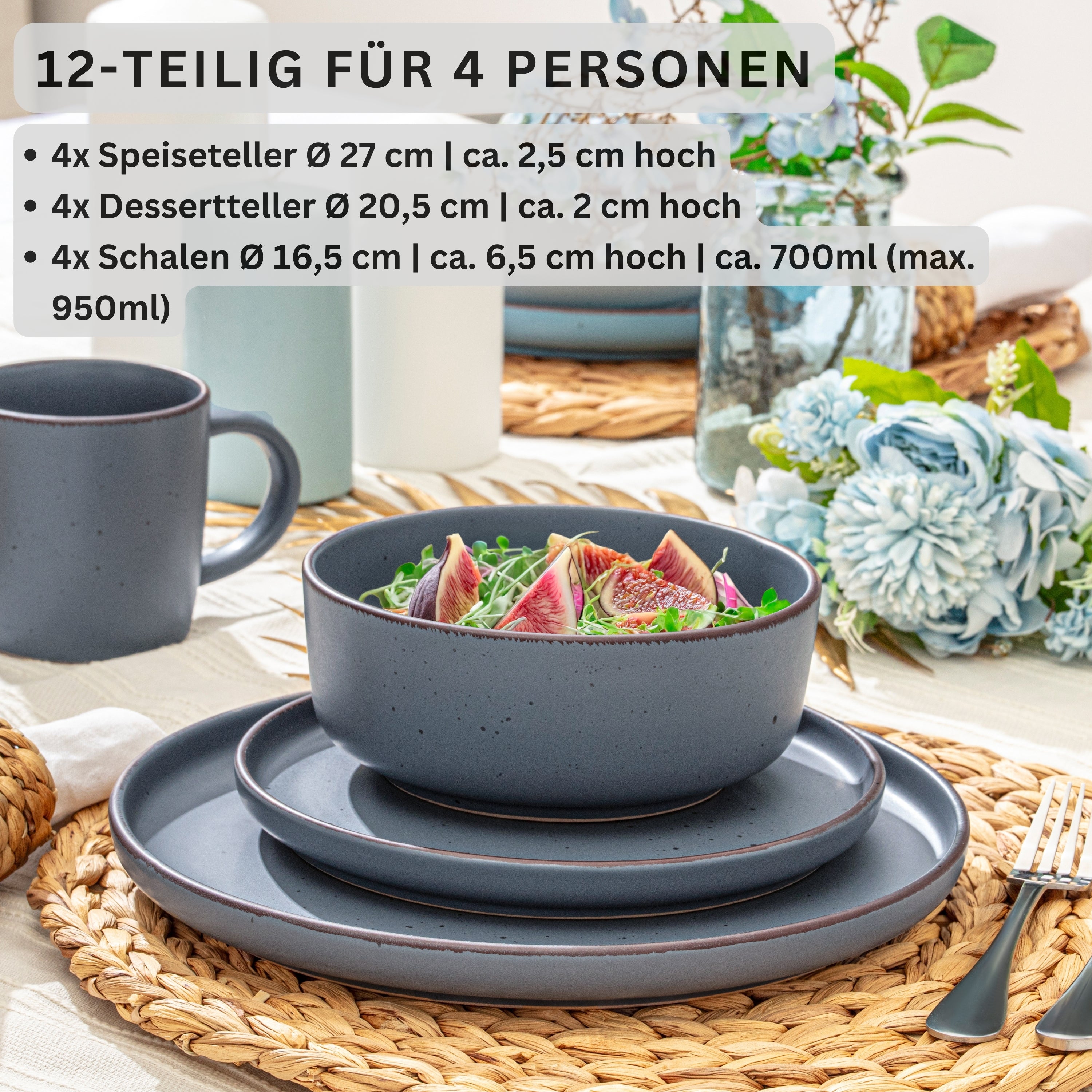 SÄNGER Steingut Geschirrset Bombay Graphit 12 teilig für 4 Personen