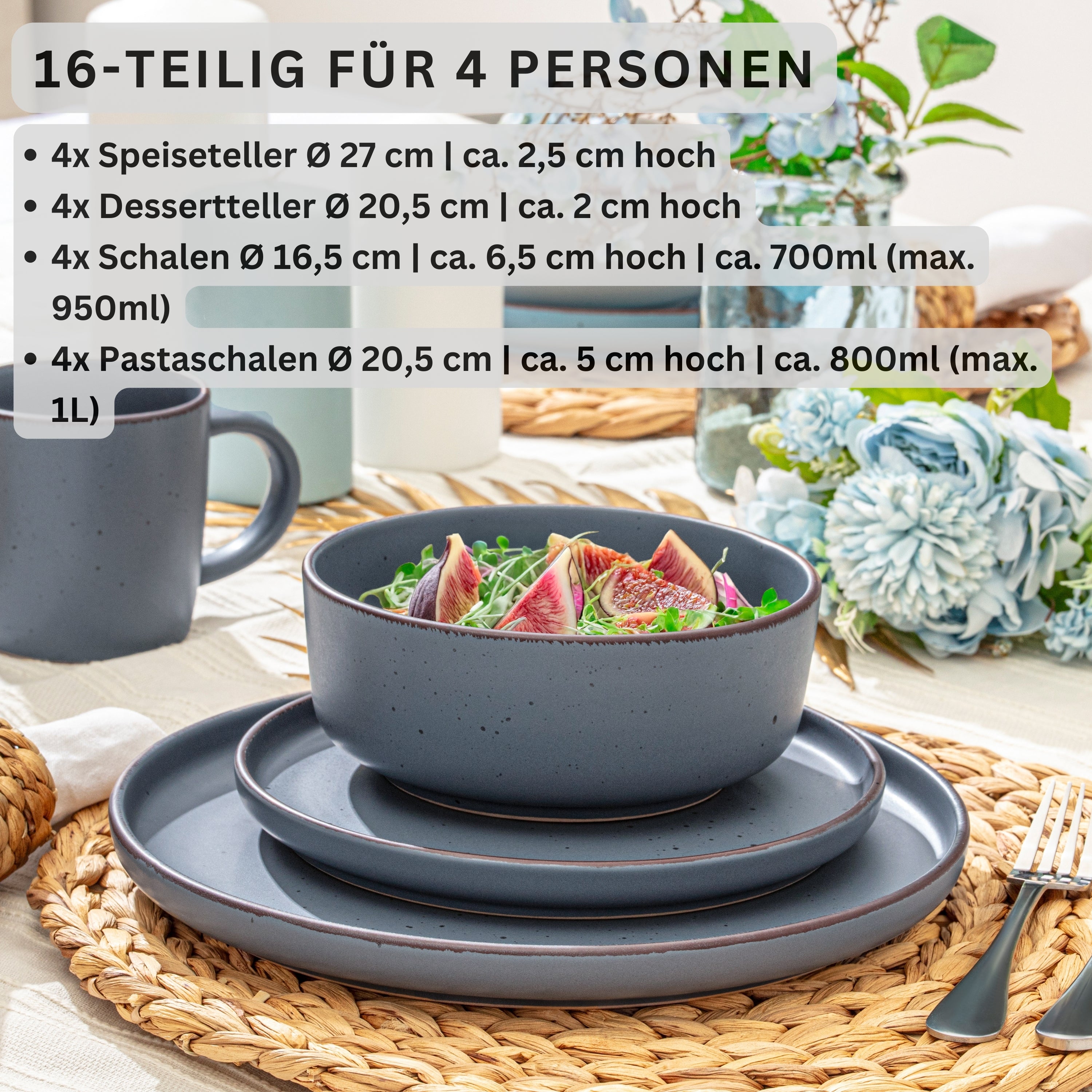 SÄNGER Steingut Geschirrset Bombay Graphit 16 teilig für 4 Personen