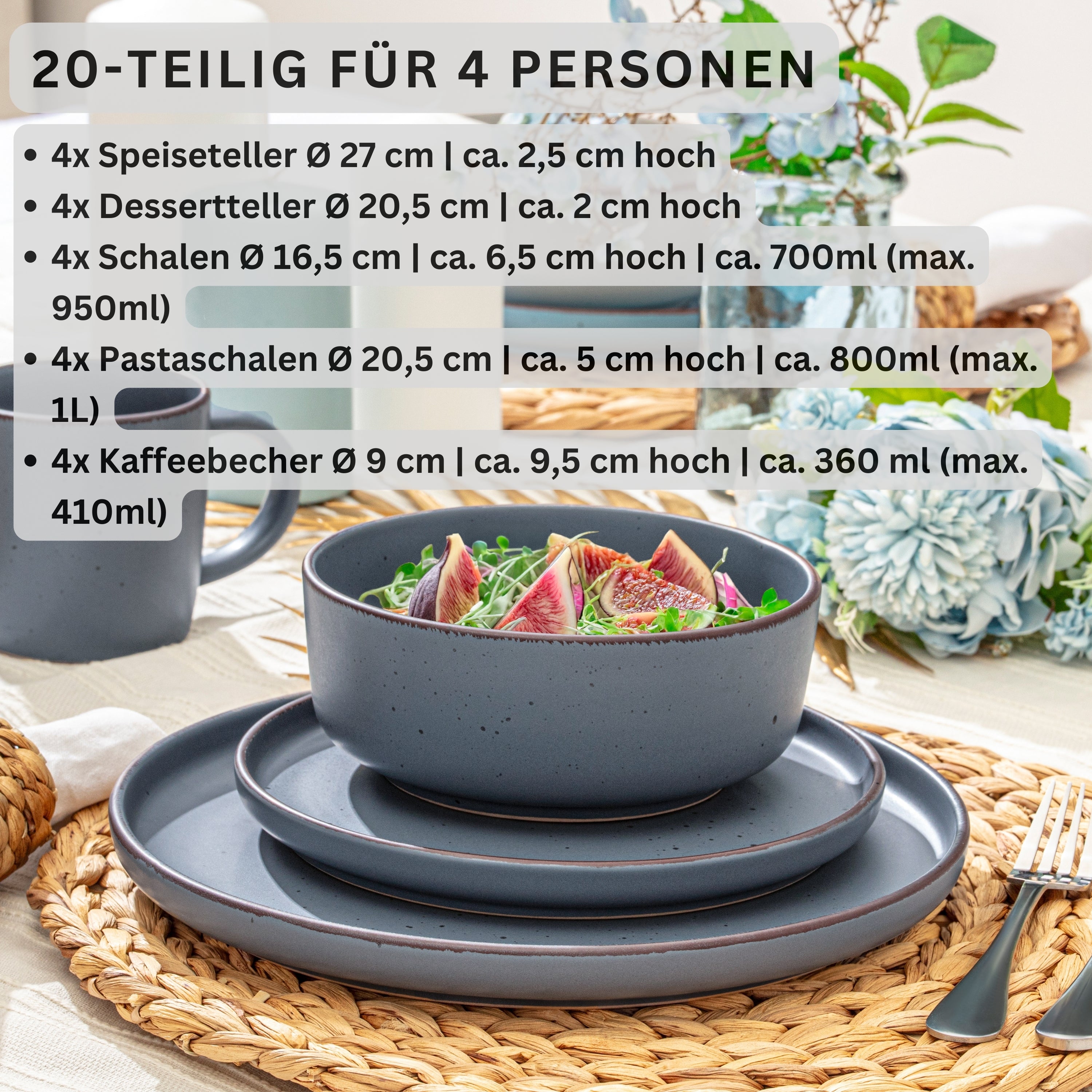 SÄNGER Steingut Geschirrset Bombay Graphit 20 teilig für 4 Personen