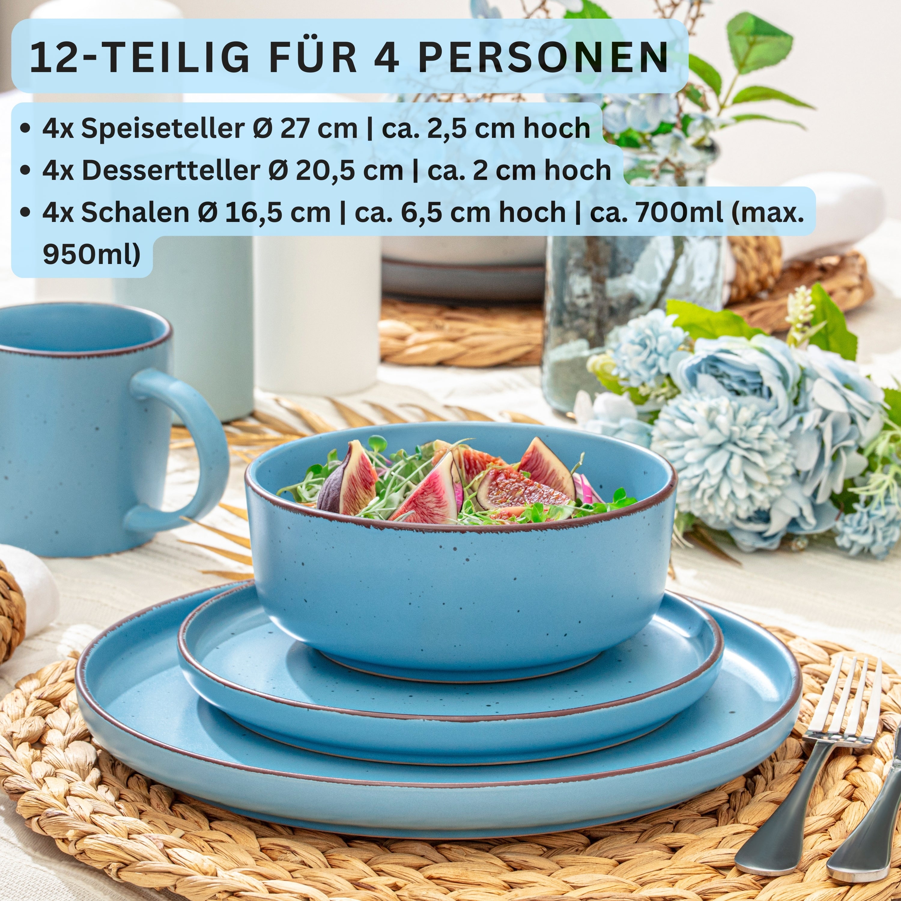 SÄNGER Steingut Geschirrset Bombay Saphir 12 teilig für 4 Personen