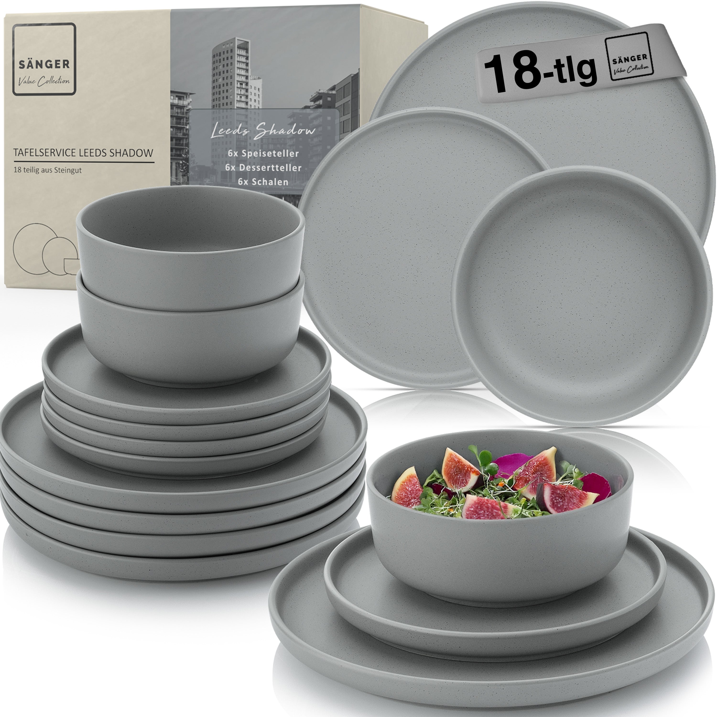 SÄNGER Steingut Geschirrset Leeds Shadow 18 teilig für 6 Personen