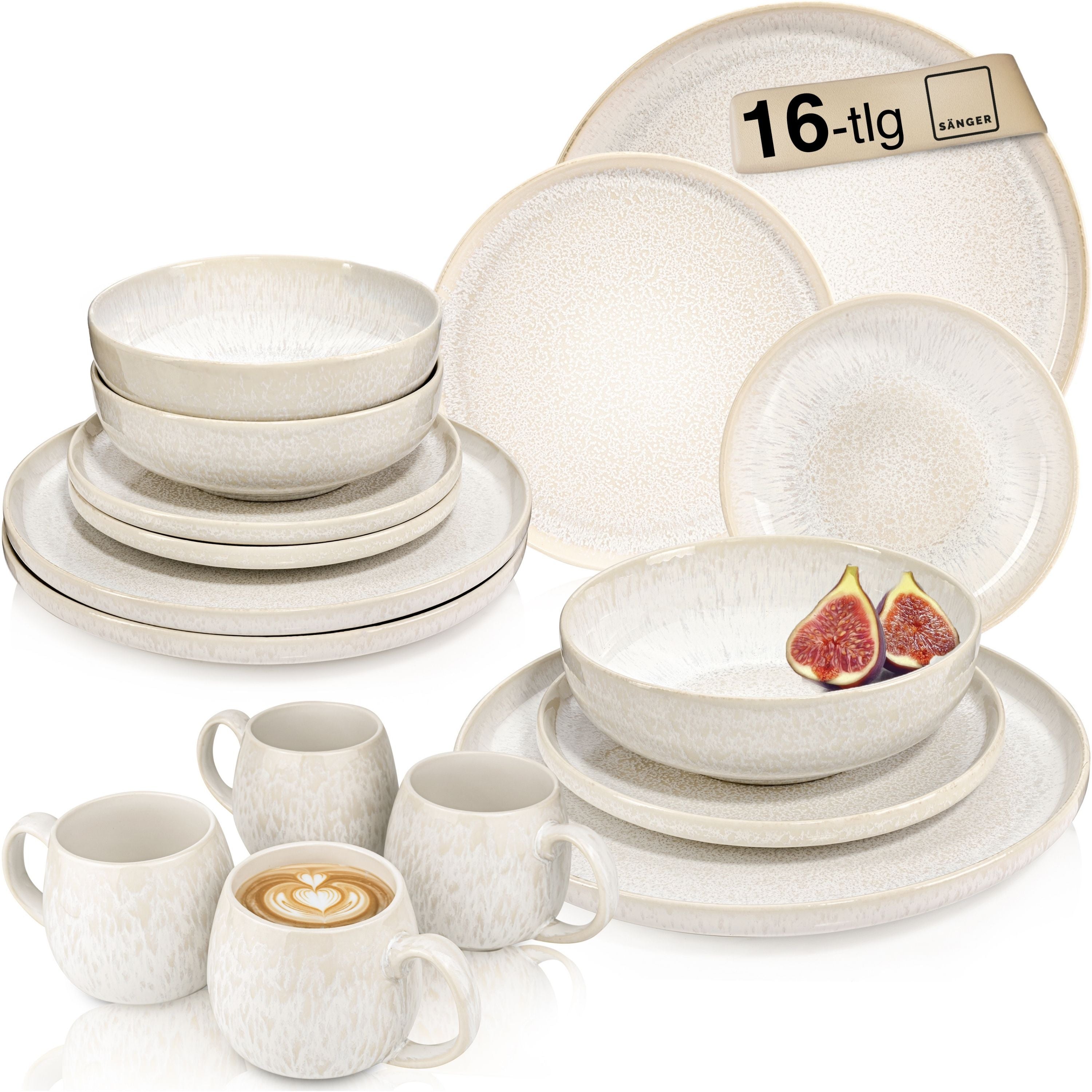 SÄNGER Steingut Geschirrset Korfu, Kombiservice 16 teilig für 4 Personen
