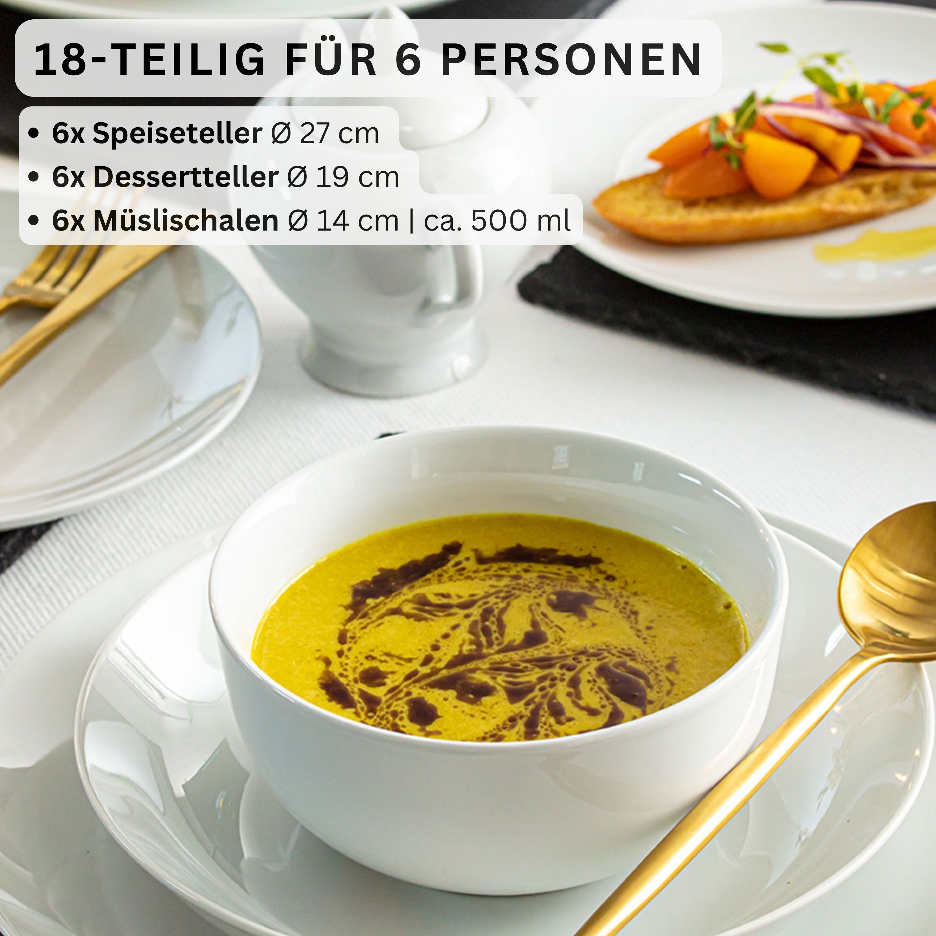 SÄNGER Porzellan Geschirrset New Port, Tafelservice 18 teilig für 6 Personen mit Müslischalen