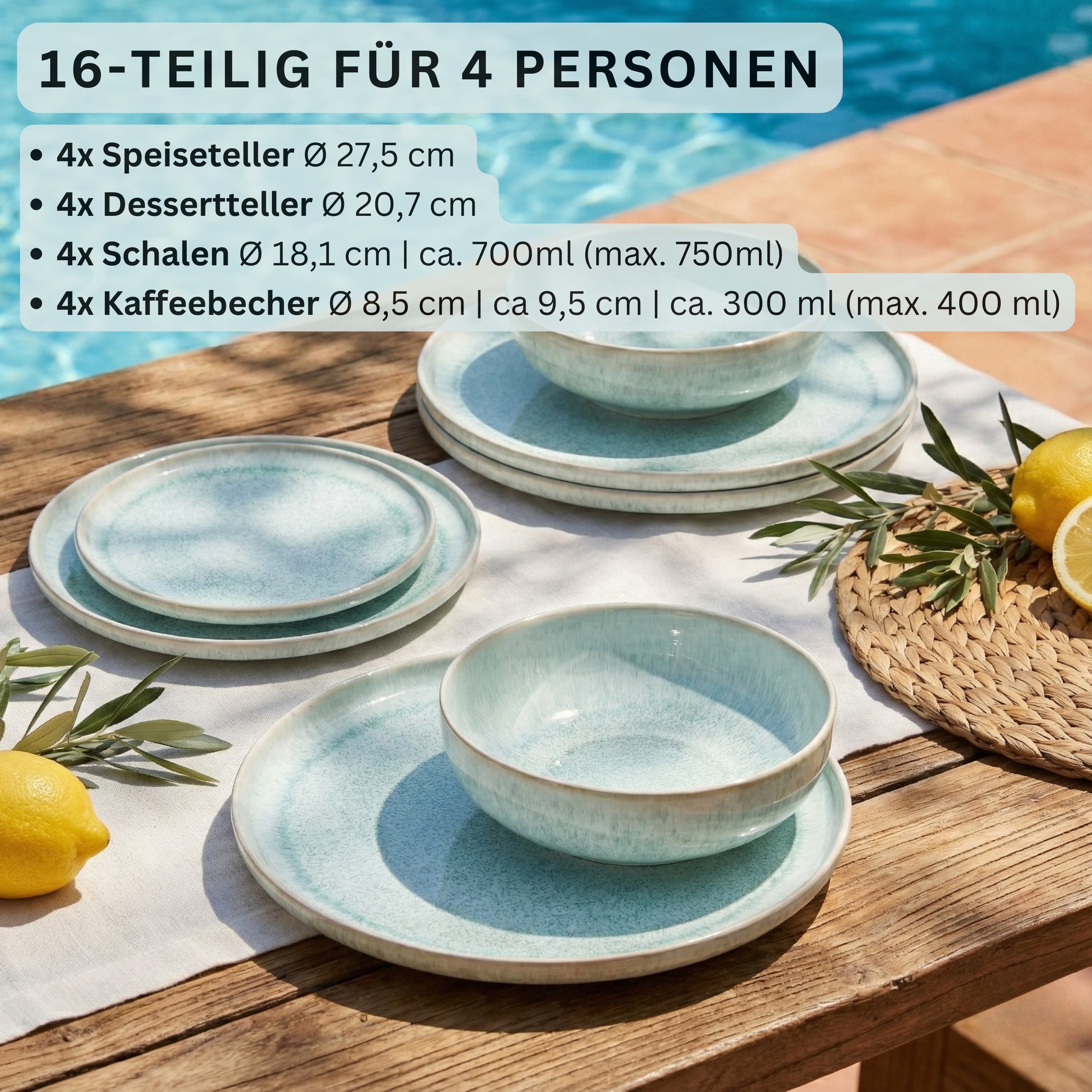 SÄNGER Steingut Geschirrset Paros, Kombiservice 16 teilig für 4 Personen