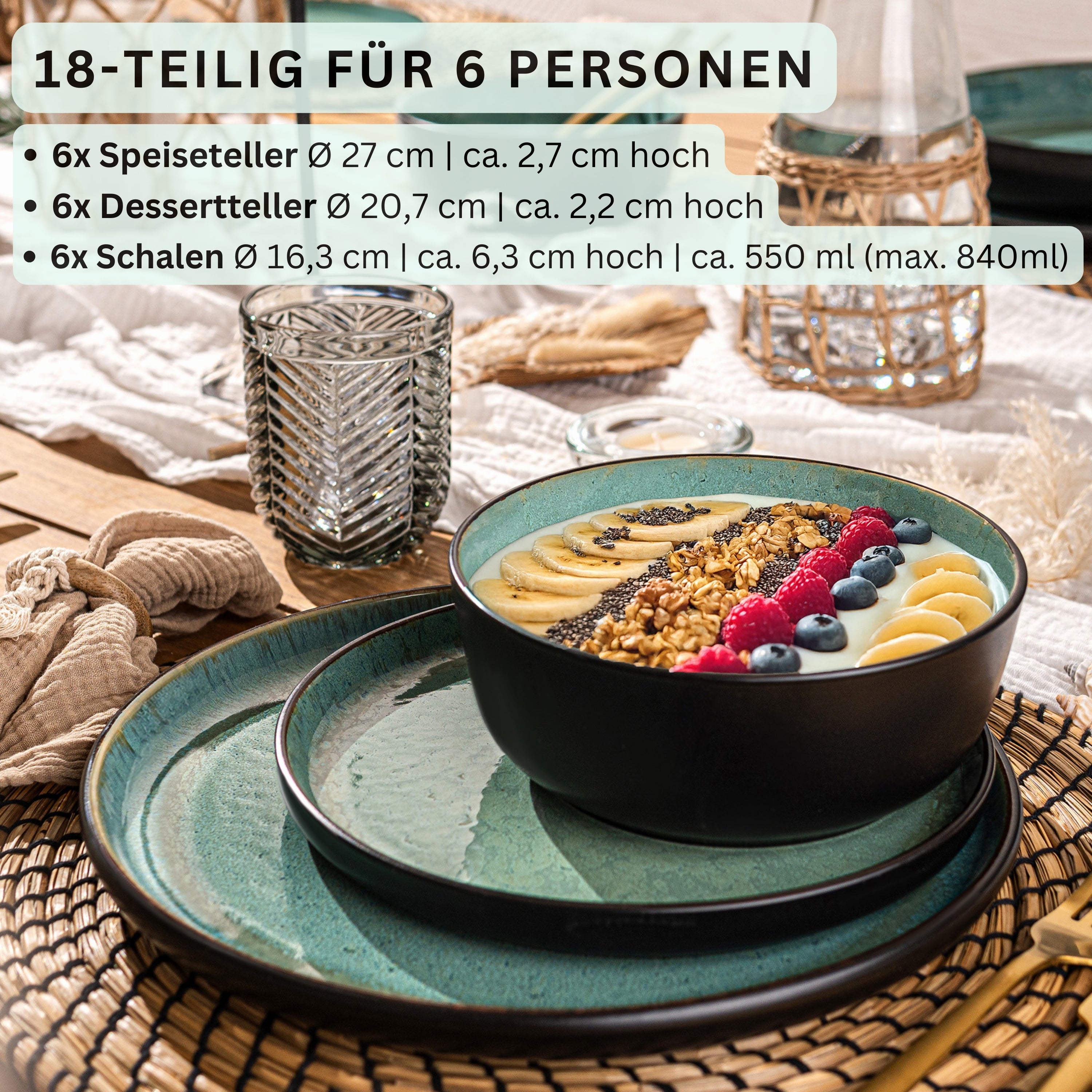 SÄNGER Steingut Geschirrset Fiji, Tafelservice 18 teilig für 6 Personen