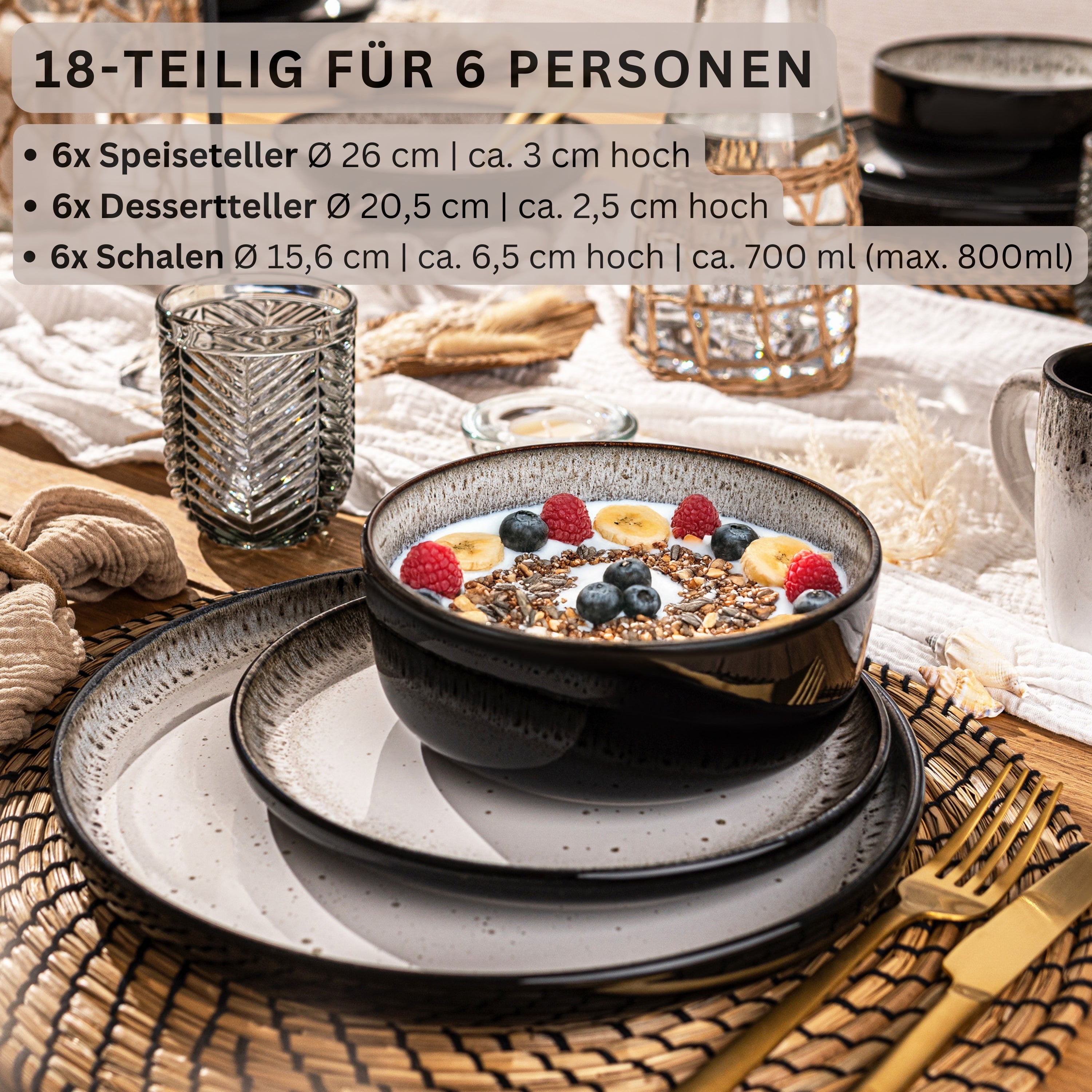 SÄNGER Steingut Geschirrset Sansibar, Tafelservice 18 teilig für 6 Personen