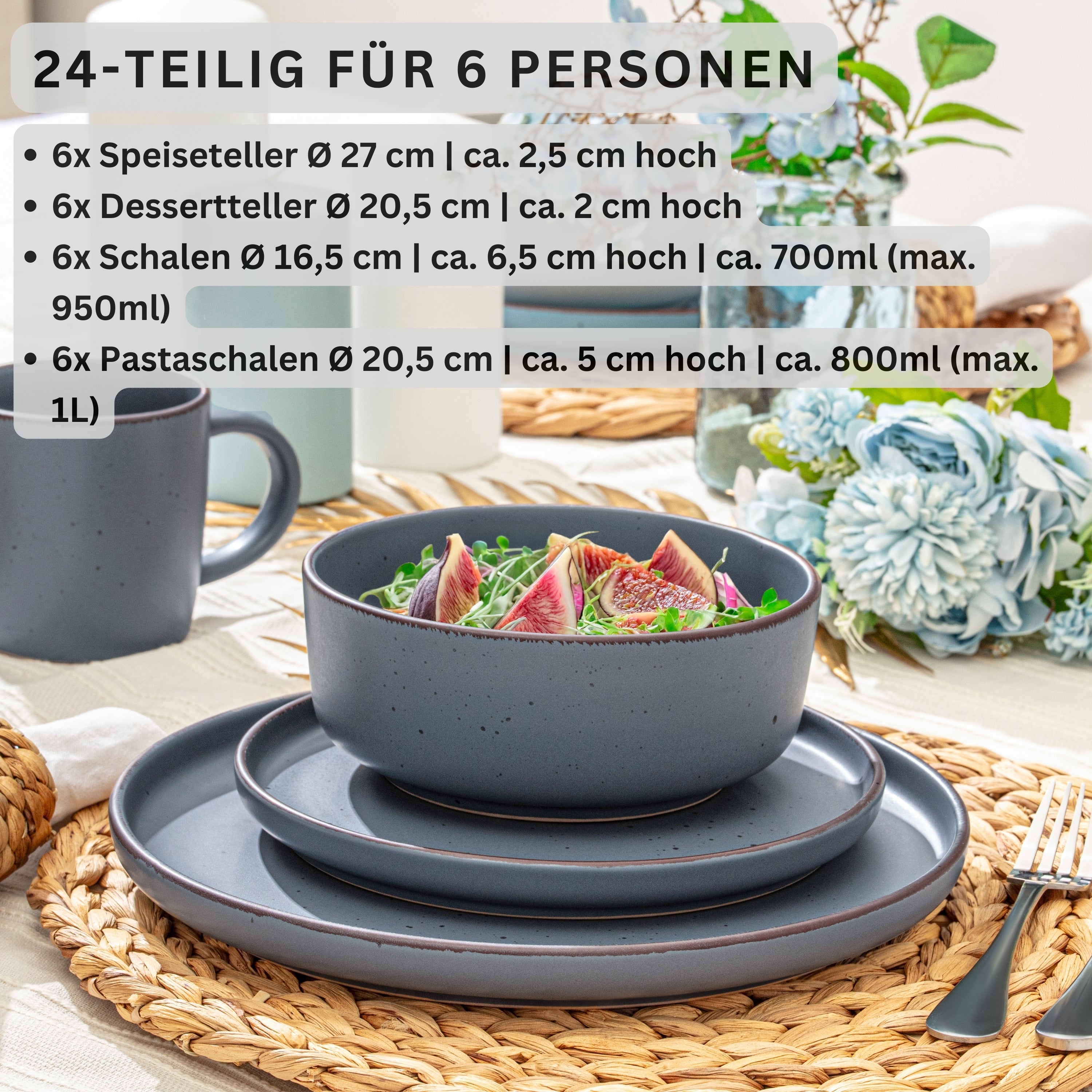 SÄNGER Steingut Geschirrset Bombay Graphit 24 teilig für 6 Personen