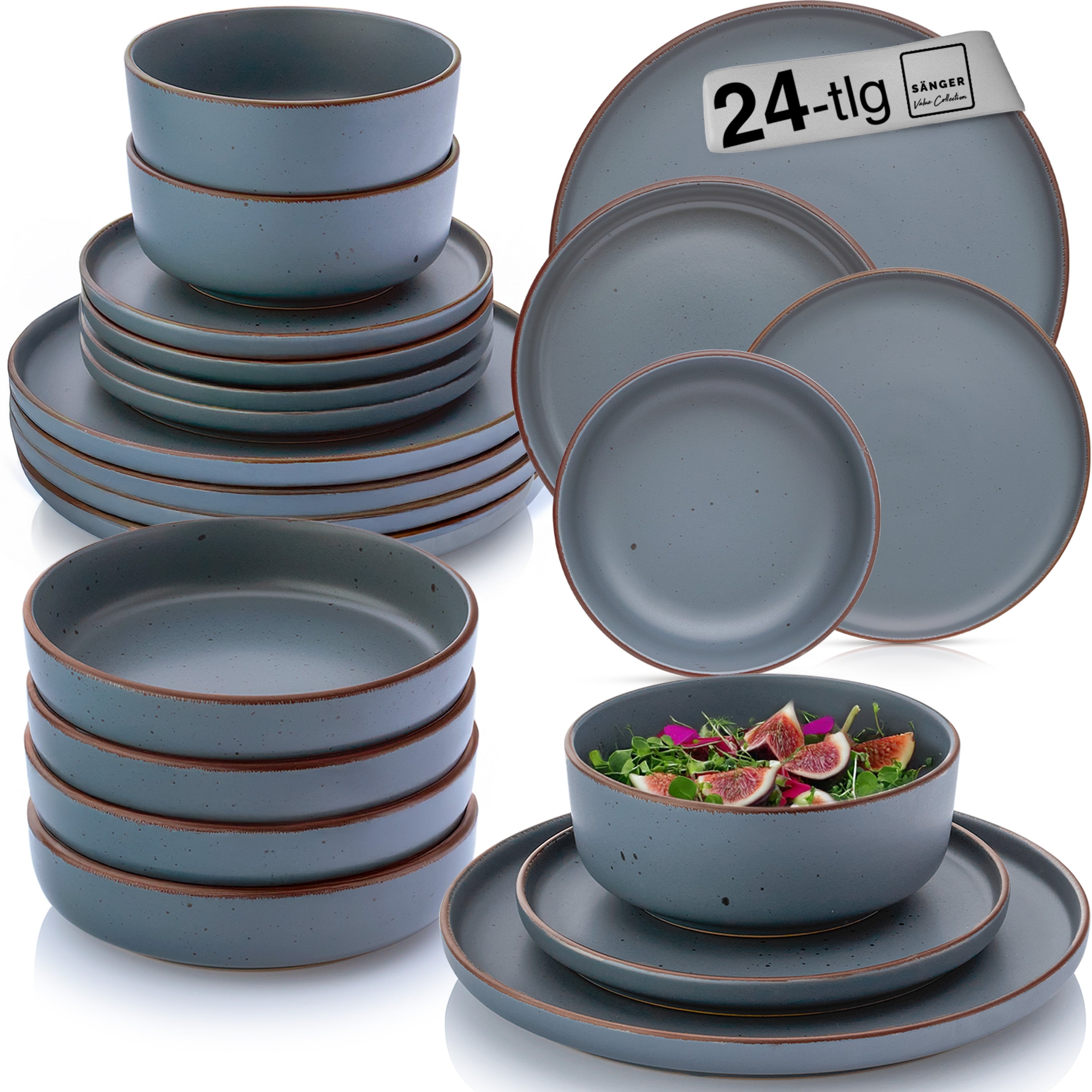 SÄNGER Steingut Geschirrset Bombay Graphit 24 teilig für 6 Personen
