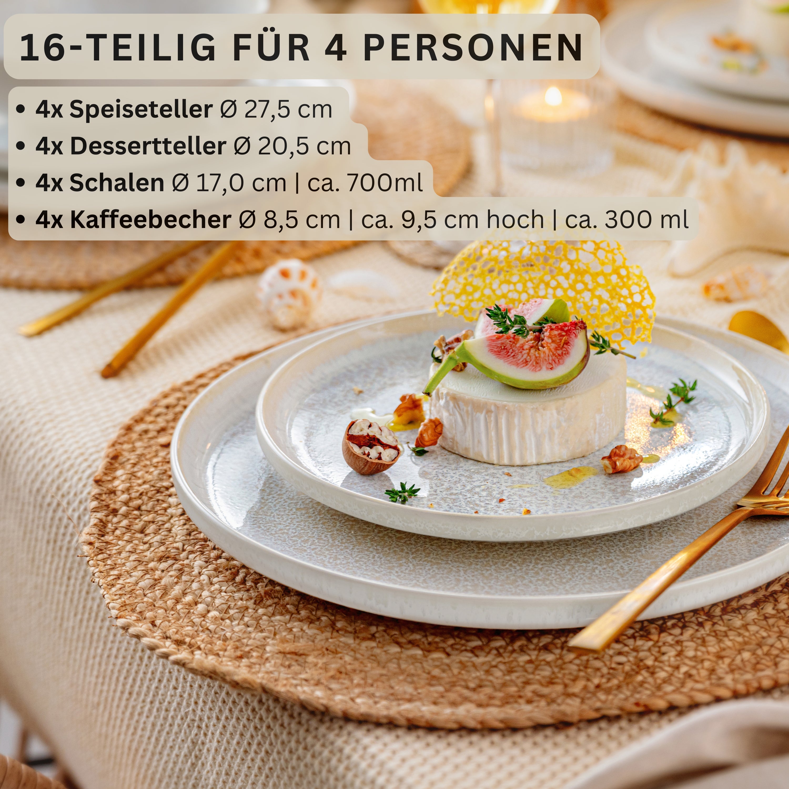 SÄNGER Steingut Geschirrset Korfu, Kombiservice 16 teilig für 4 Personen