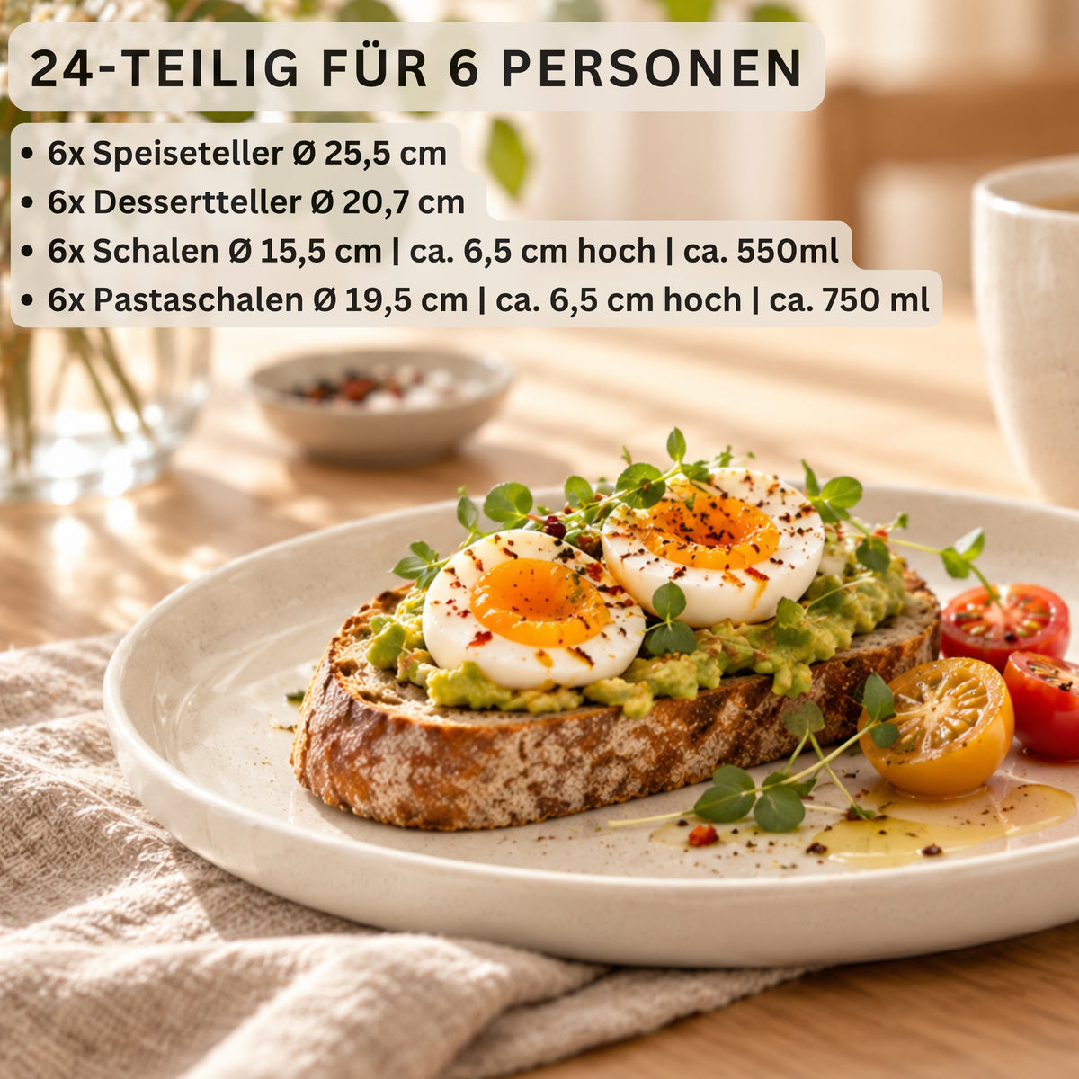 SÄNGER Steingut Geschirrset Milos, Tafelservice 24 teilig für 6 Personen